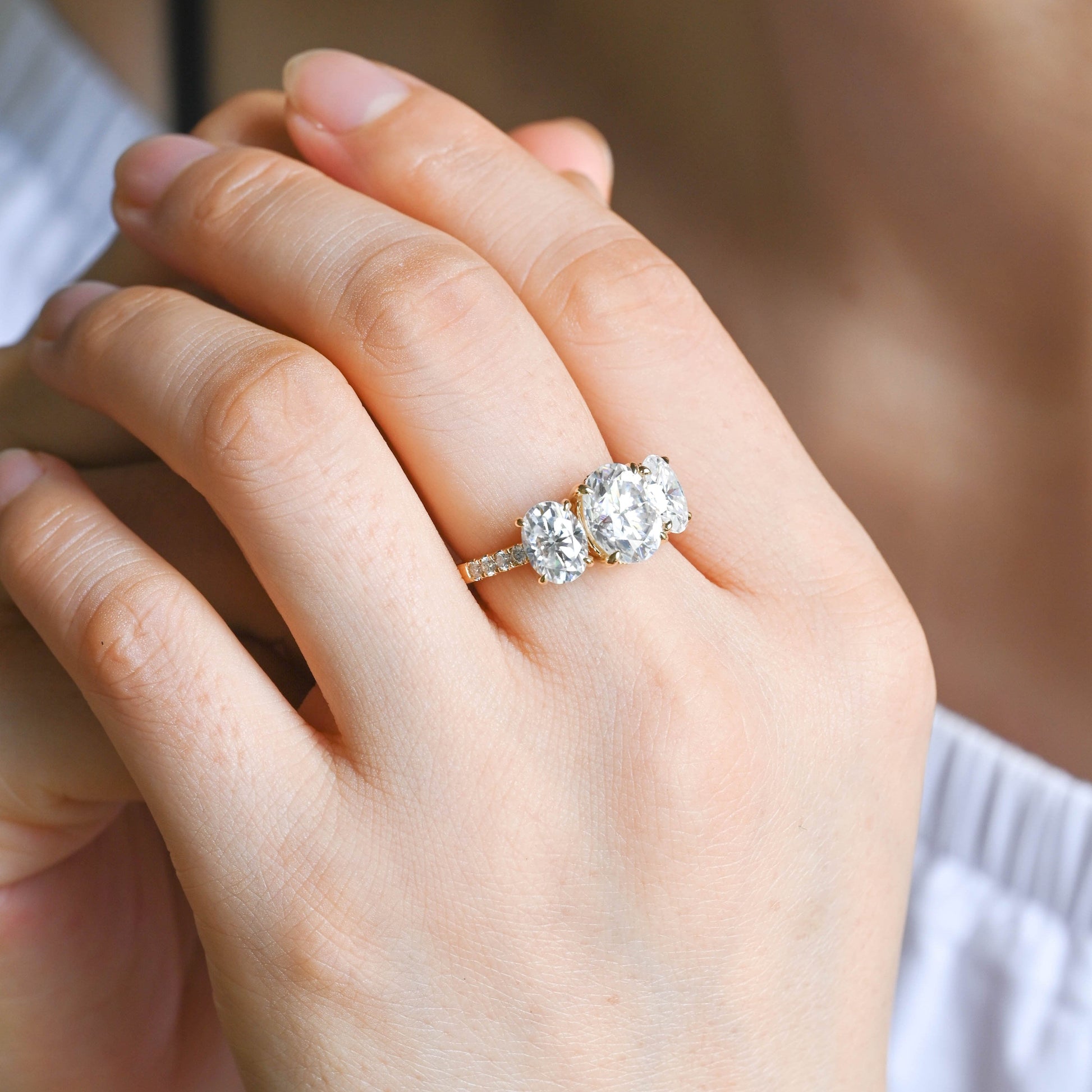 SquareJewelry oval cut moissanite engagement ring Solid Gold Hidden Halo Three Stone Oval Cut Moissanite Engagement Ring