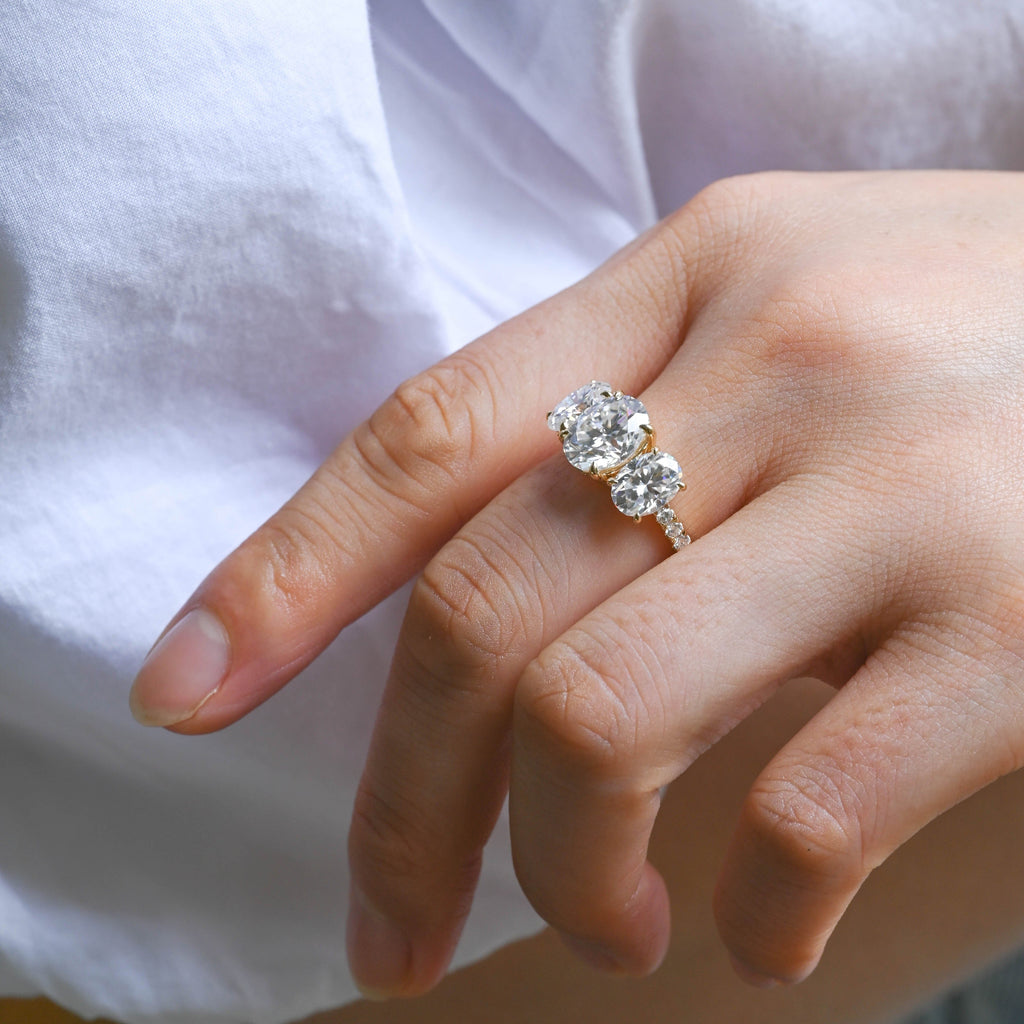 SquareJewelry oval cut moissanite engagement ring Solid Gold Hidden Halo Three Stone Oval Cut Moissanite Engagement Ring