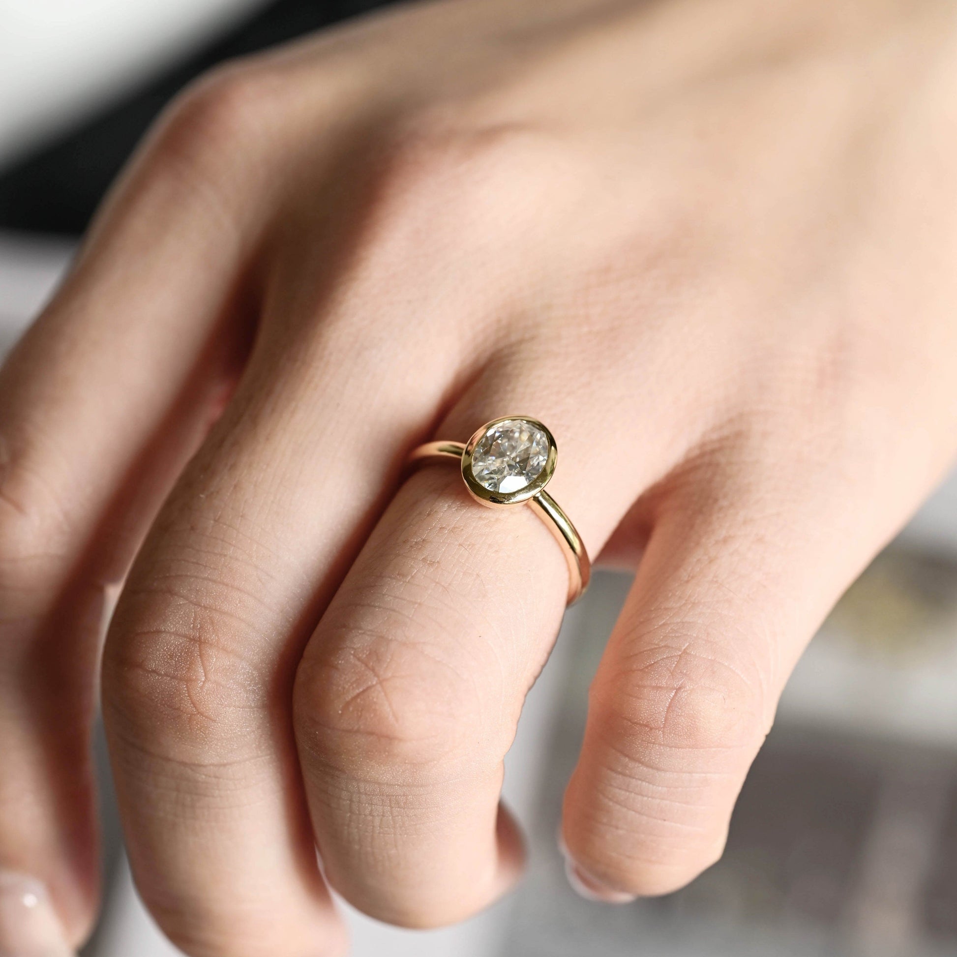 SquareJewelry oval cut moissanite engagement ring Solid Gold Solitaire Bezel Oval Cut Moissanite Engagement Ring