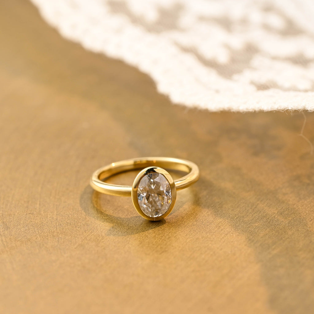 SquareJewelry oval cut moissanite engagement ring Solid Gold Solitaire Bezel Oval Cut Moissanite Engagement Ring