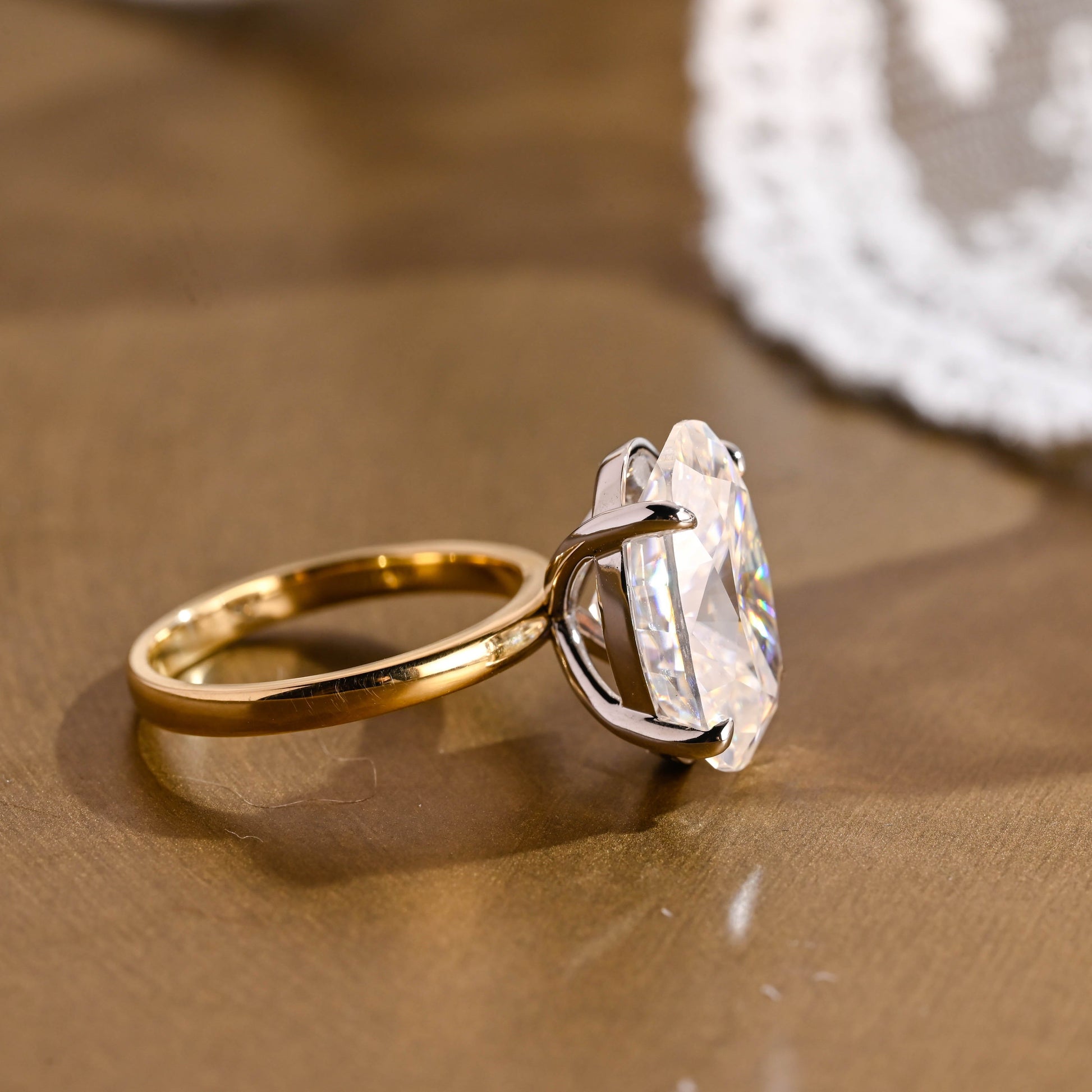 SquareJewelry oval cut moissanite engagement ring Solid Gold Solitaire Two Tone Elongated Oval Moissanite Engagement Ring