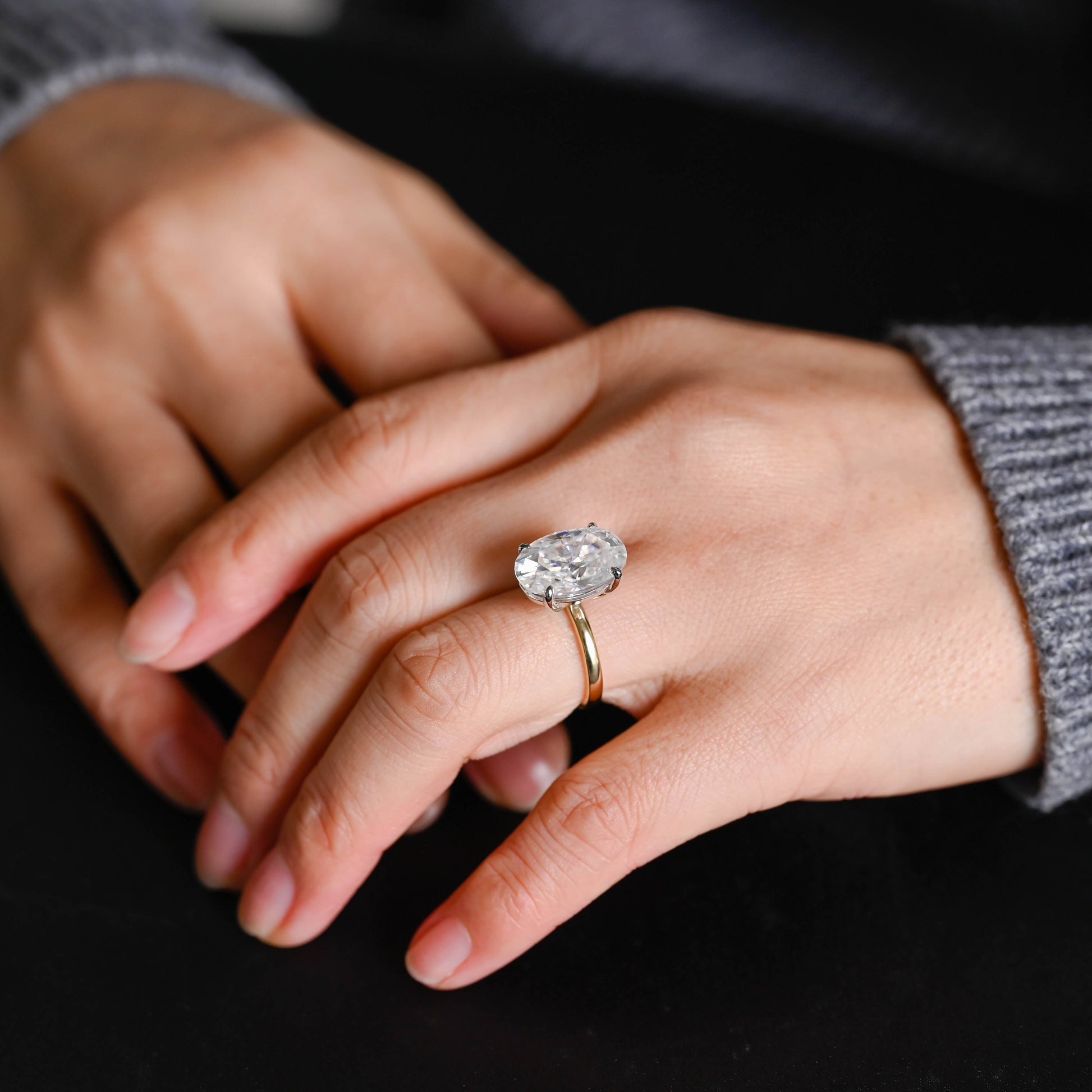 SquareJewelry oval cut moissanite engagement ring Solid Gold Solitaire Two Tone Elongated Oval Moissanite Engagement Ring