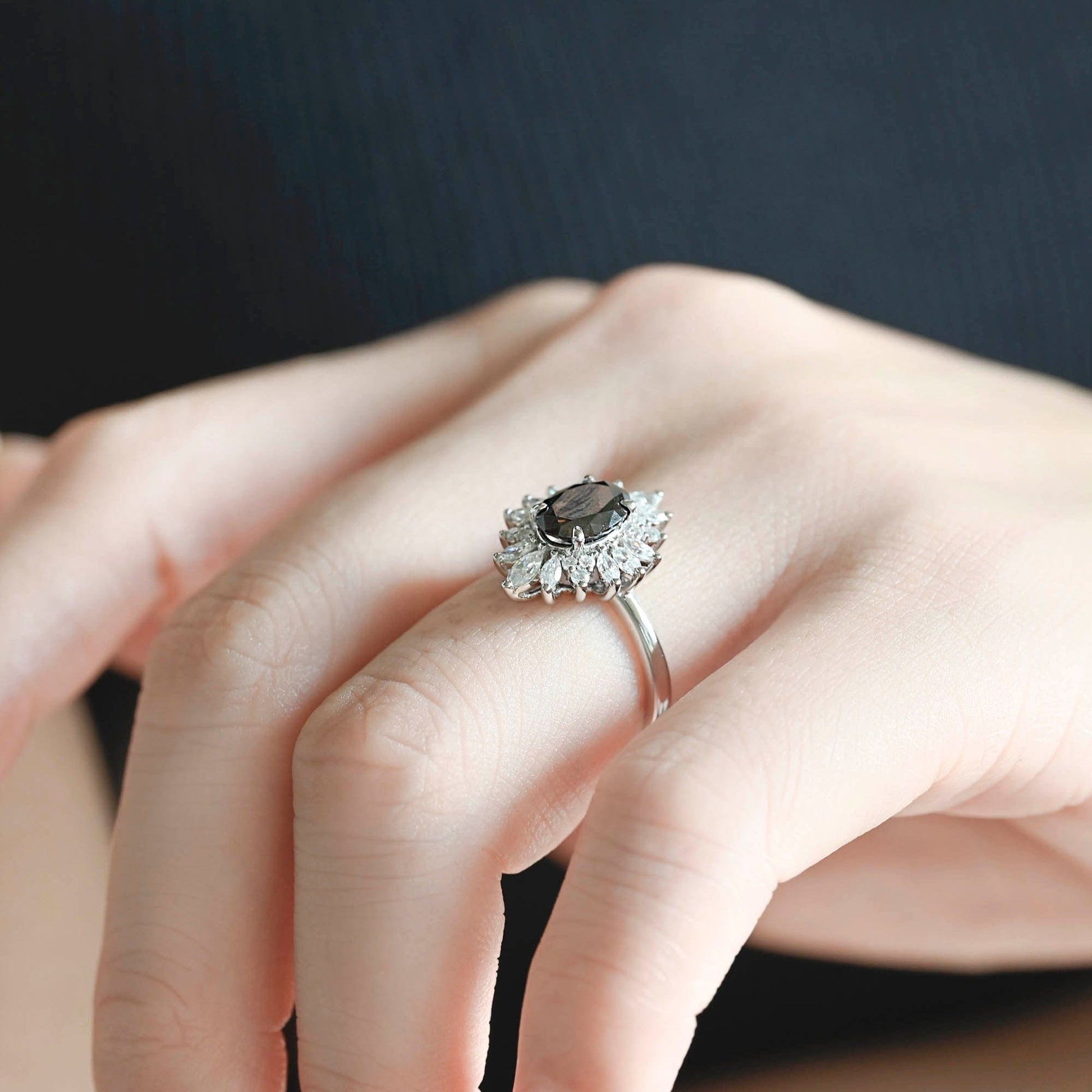 SquareJewelry oval cut moissanite engagement ring Solid Gold Starburst Halo Black Oval Moissanite Engagement Ring