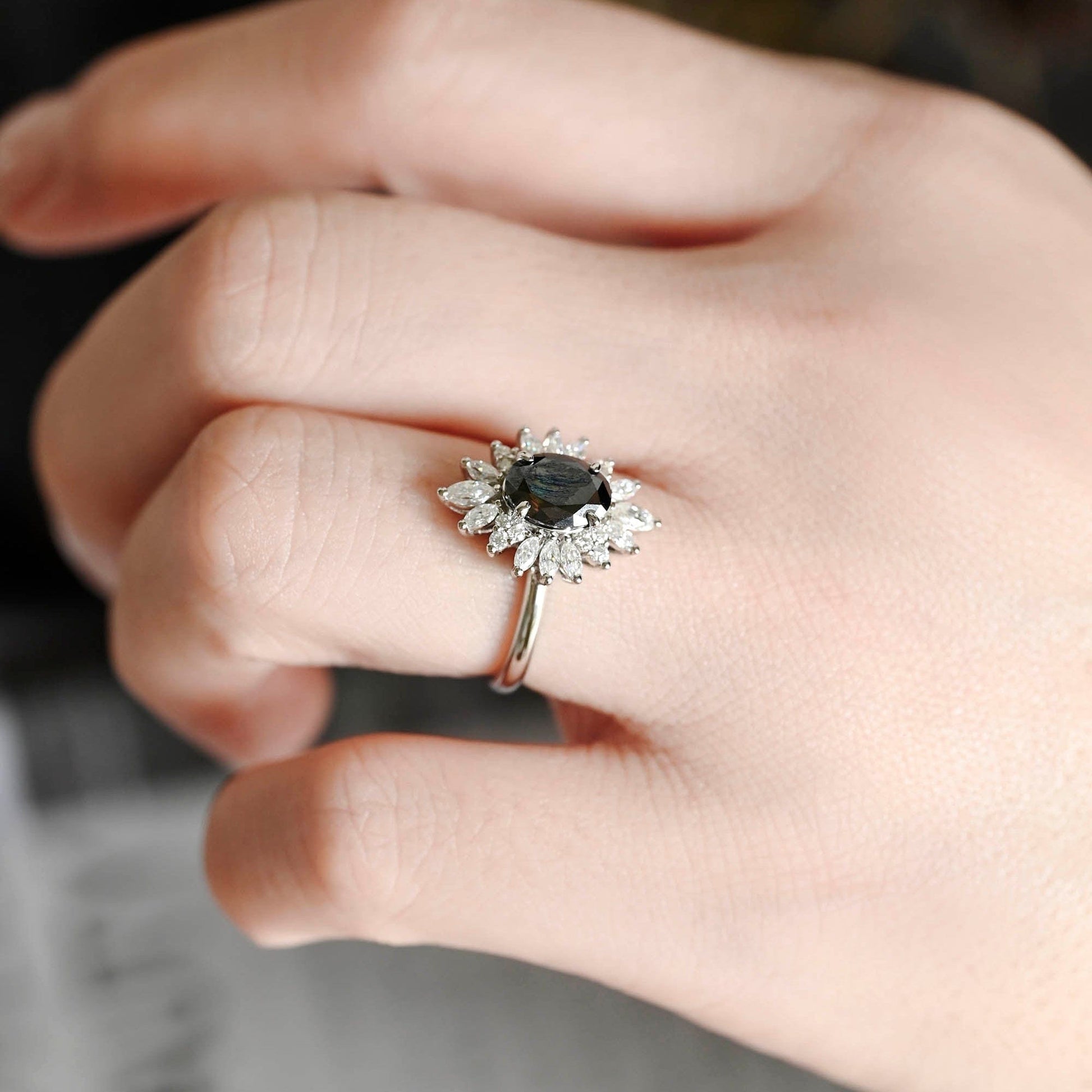 SquareJewelry oval cut moissanite engagement ring Solid Gold Starburst Halo Black Oval Moissanite Engagement Ring