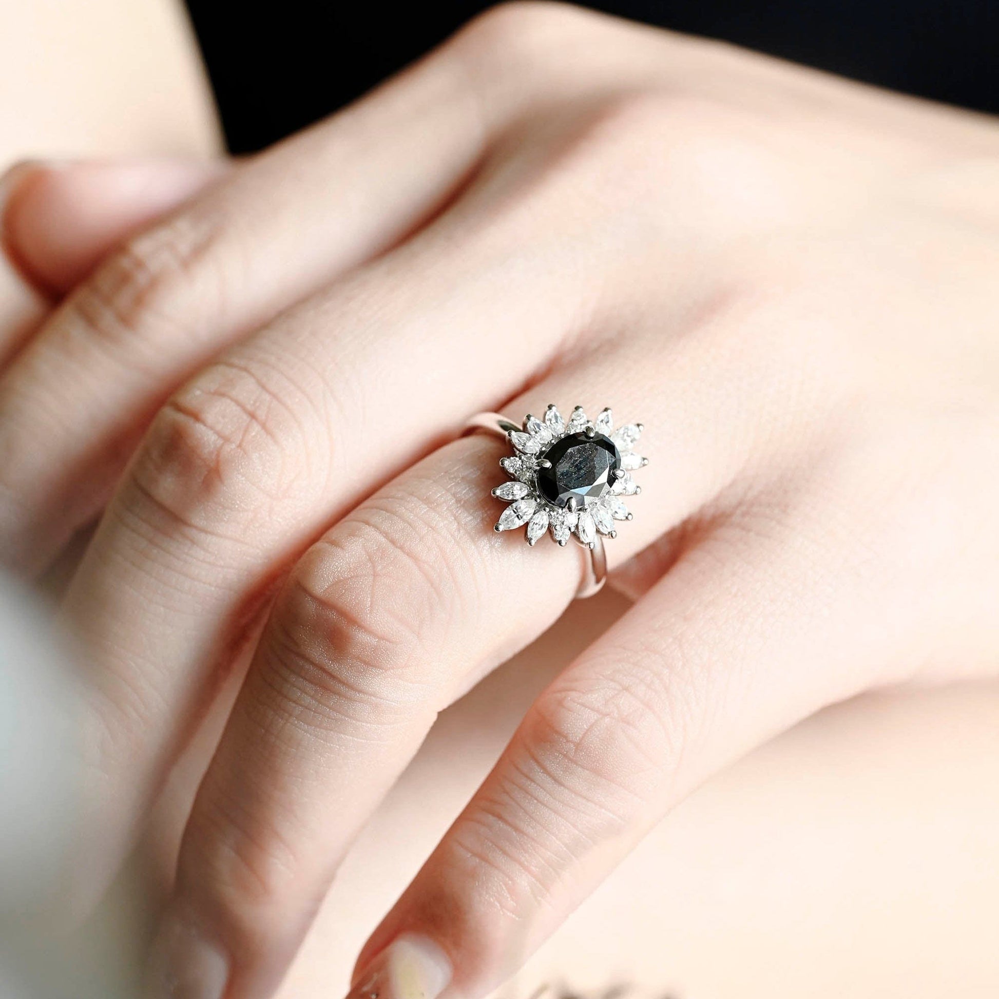 SquareJewelry oval cut moissanite engagement ring Solid Gold Starburst Halo Black Oval Moissanite Engagement Ring
