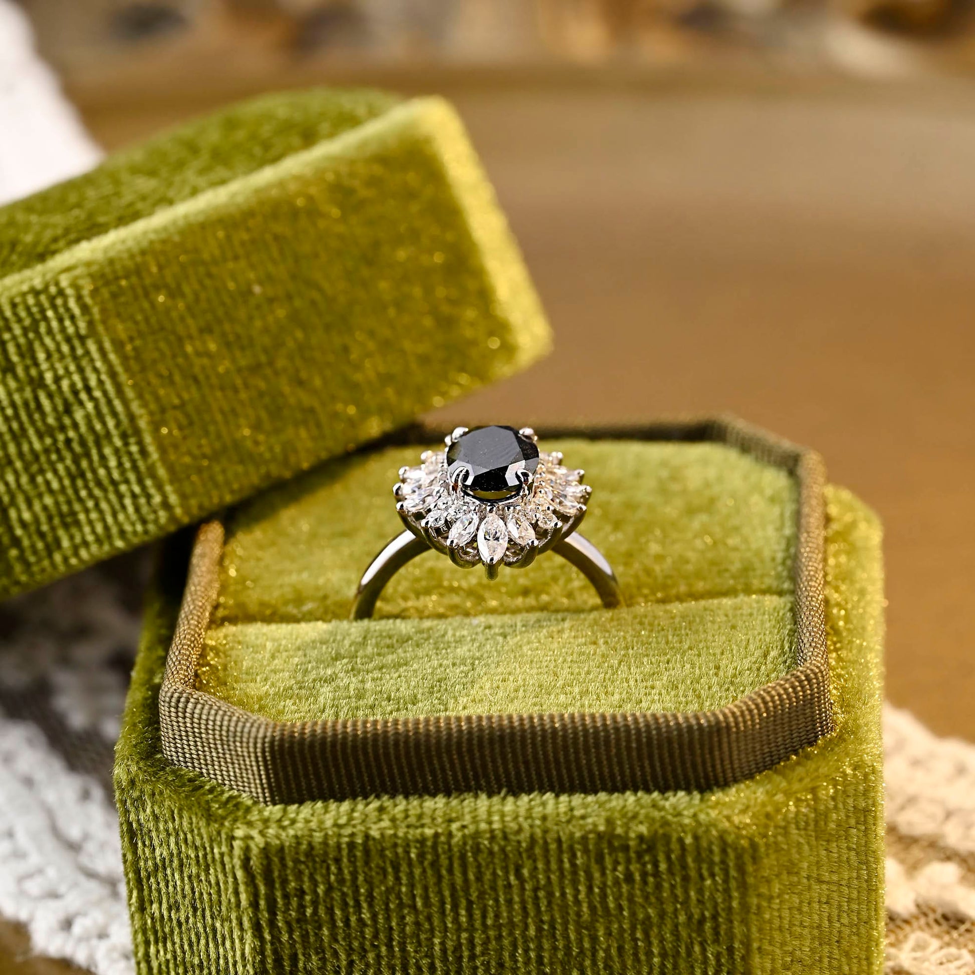 SquareJewelry oval cut moissanite engagement ring Solid Gold Starburst Halo Black Oval Moissanite Engagement Ring