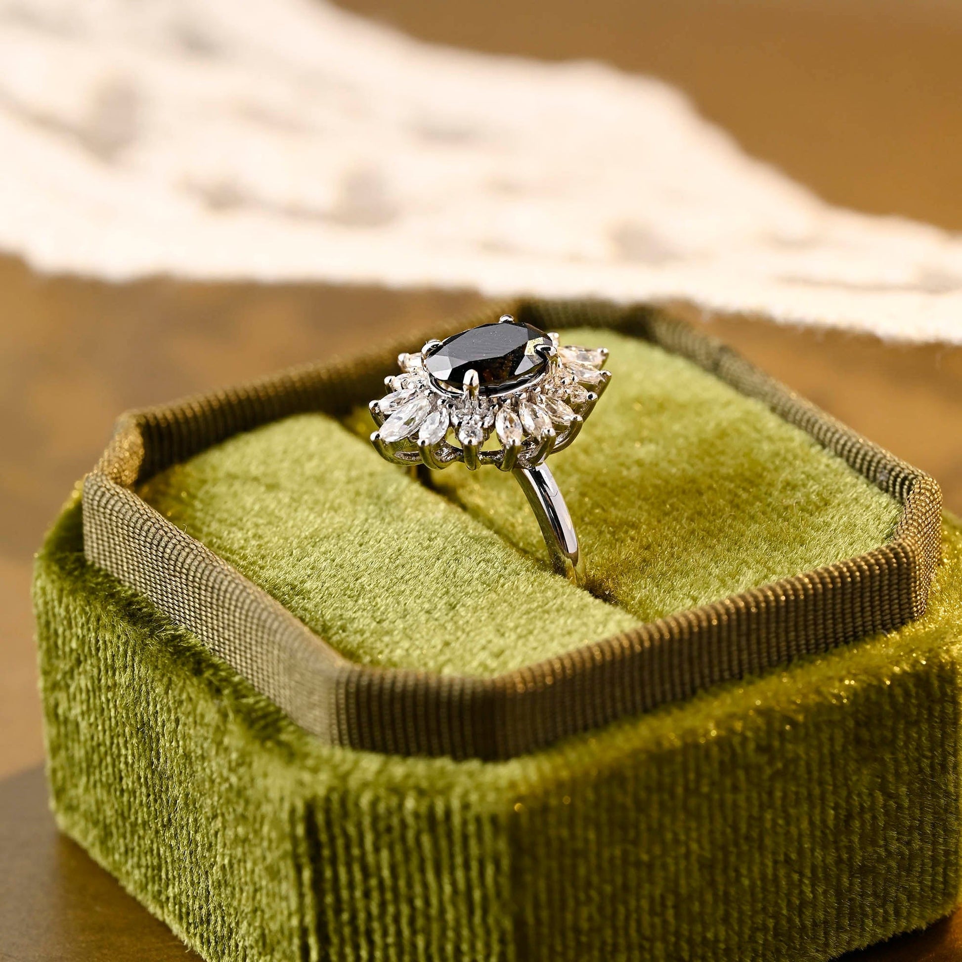 SquareJewelry oval cut moissanite engagement ring Solid Gold Starburst Halo Black Oval Moissanite Engagement Ring