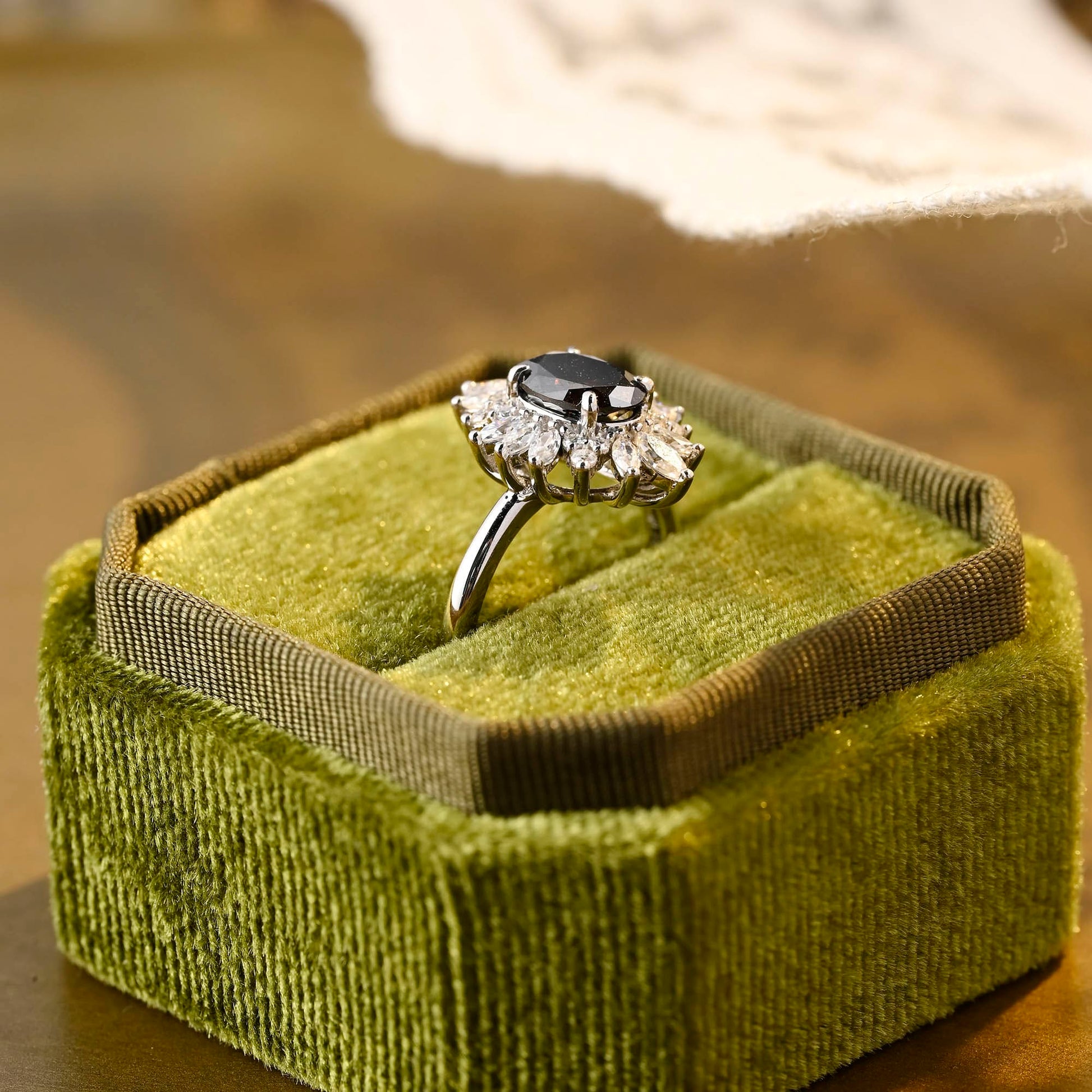 SquareJewelry oval cut moissanite engagement ring Solid Gold Starburst Halo Black Oval Moissanite Engagement Ring