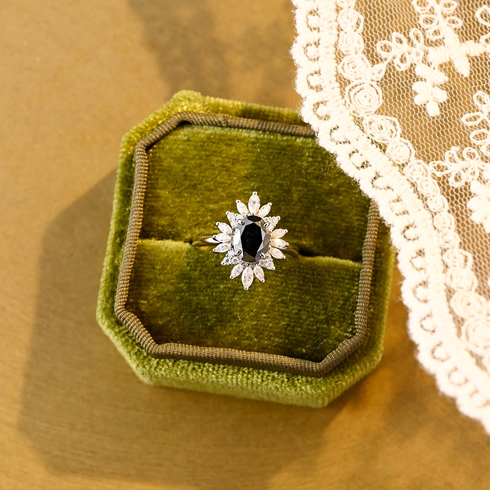 SquareJewelry oval cut moissanite engagement ring Solid Gold Starburst Halo Black Oval Moissanite Engagement Ring