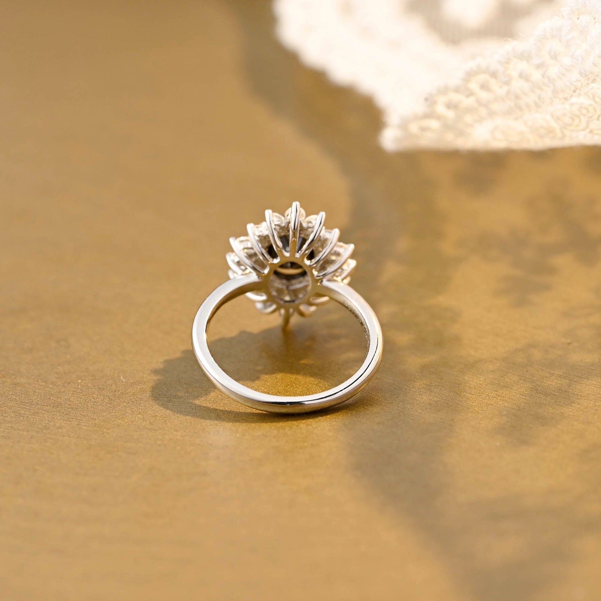 SquareJewelry oval cut moissanite engagement ring Solid Gold Starburst Halo Black Oval Moissanite Engagement Ring