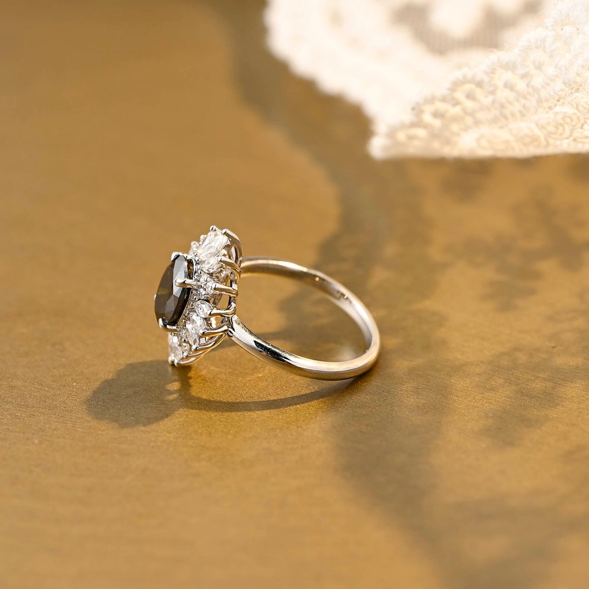 SquareJewelry oval cut moissanite engagement ring Solid Gold Starburst Halo Black Oval Moissanite Engagement Ring