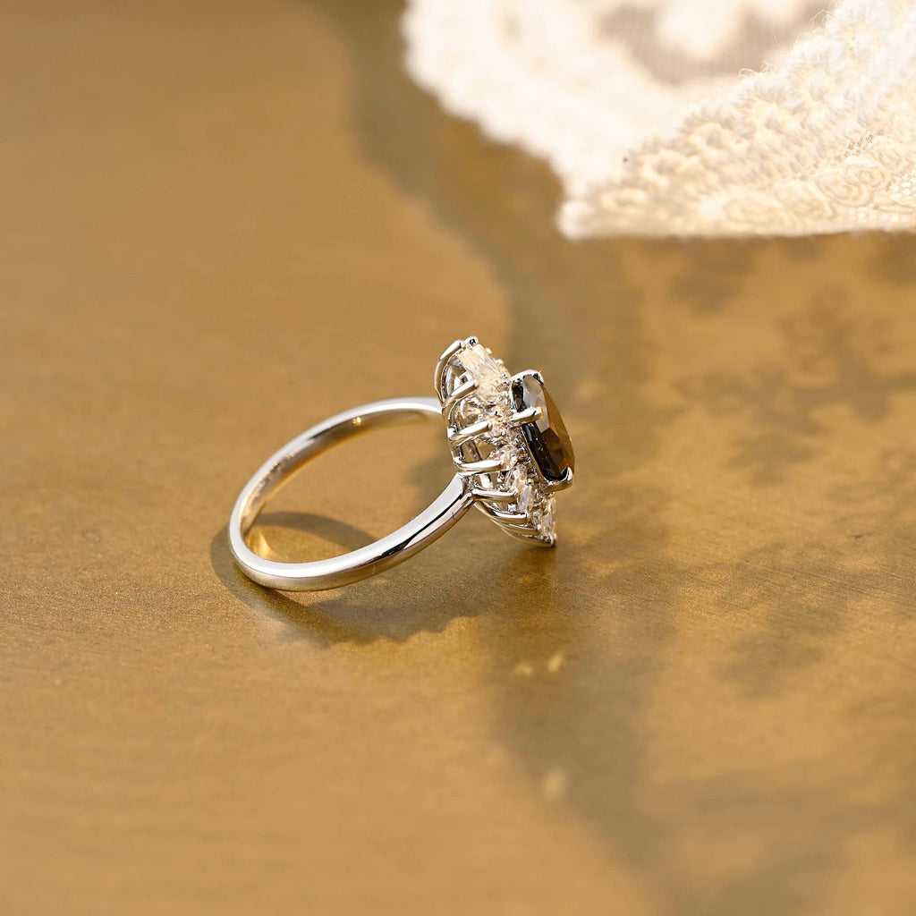 SquareJewelry oval cut moissanite engagement ring Solid Gold Starburst Halo Black Oval Moissanite Engagement Ring