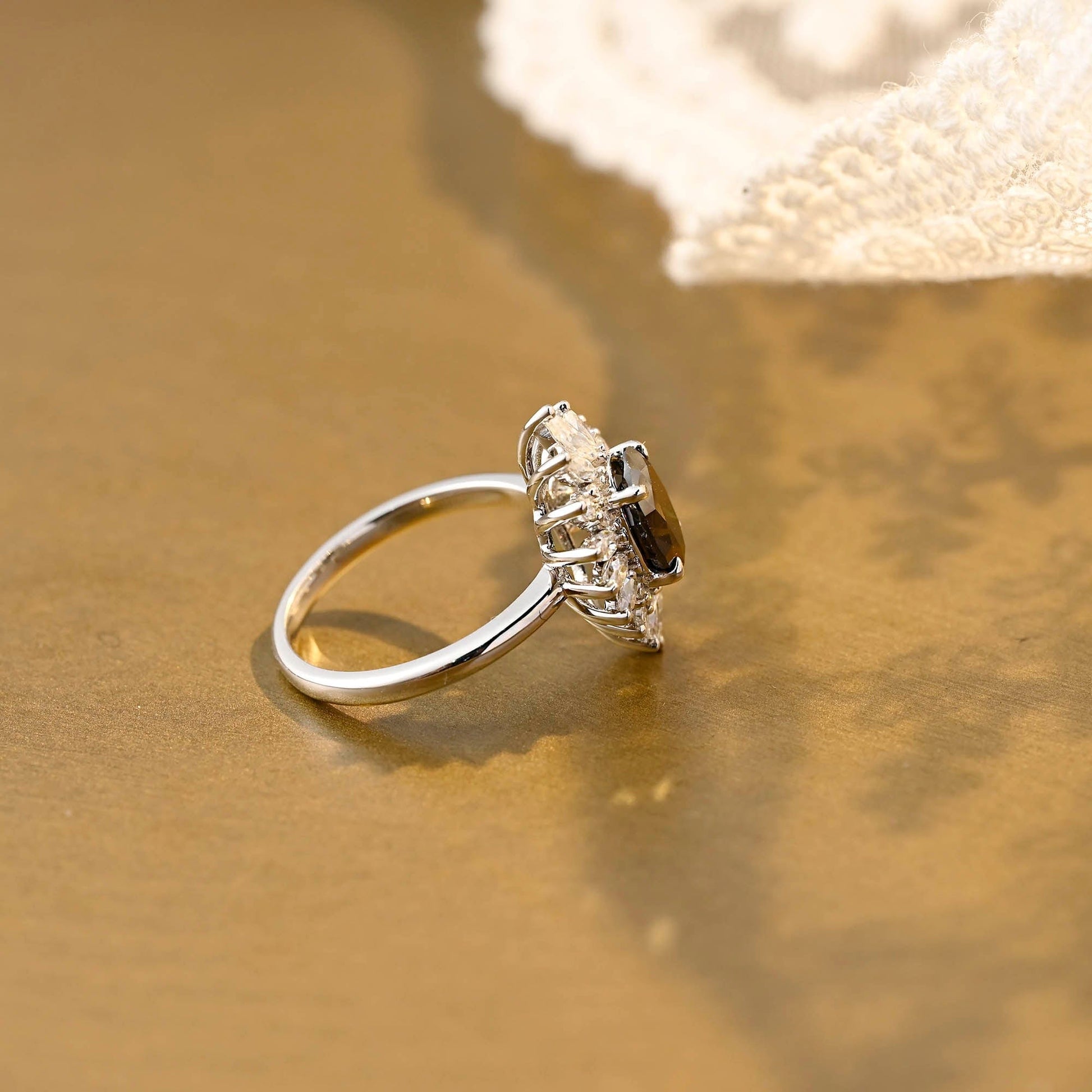 SquareJewelry oval cut moissanite engagement ring Solid Gold Starburst Halo Black Oval Moissanite Engagement Ring