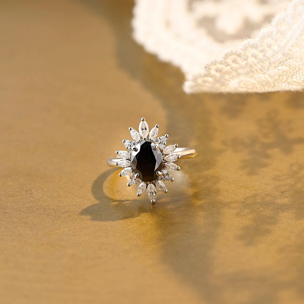 SquareJewelry oval cut moissanite engagement ring Solid Gold Starburst Halo Black Oval Moissanite Engagement Ring