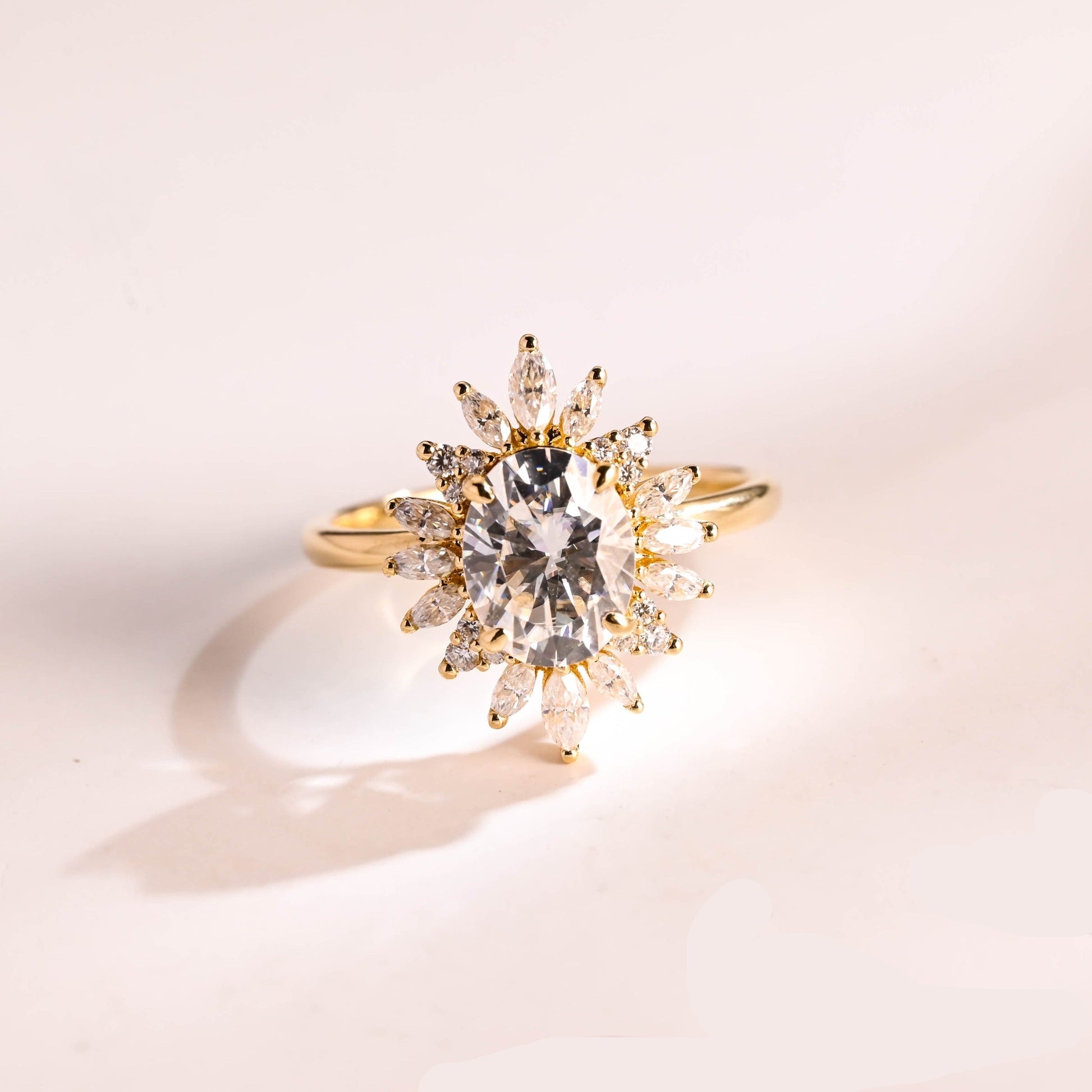 SquareJewelry oval cut moissanite engagement ring Solid Gold Starburst Halo Oval Moissanite Engagement Ring
