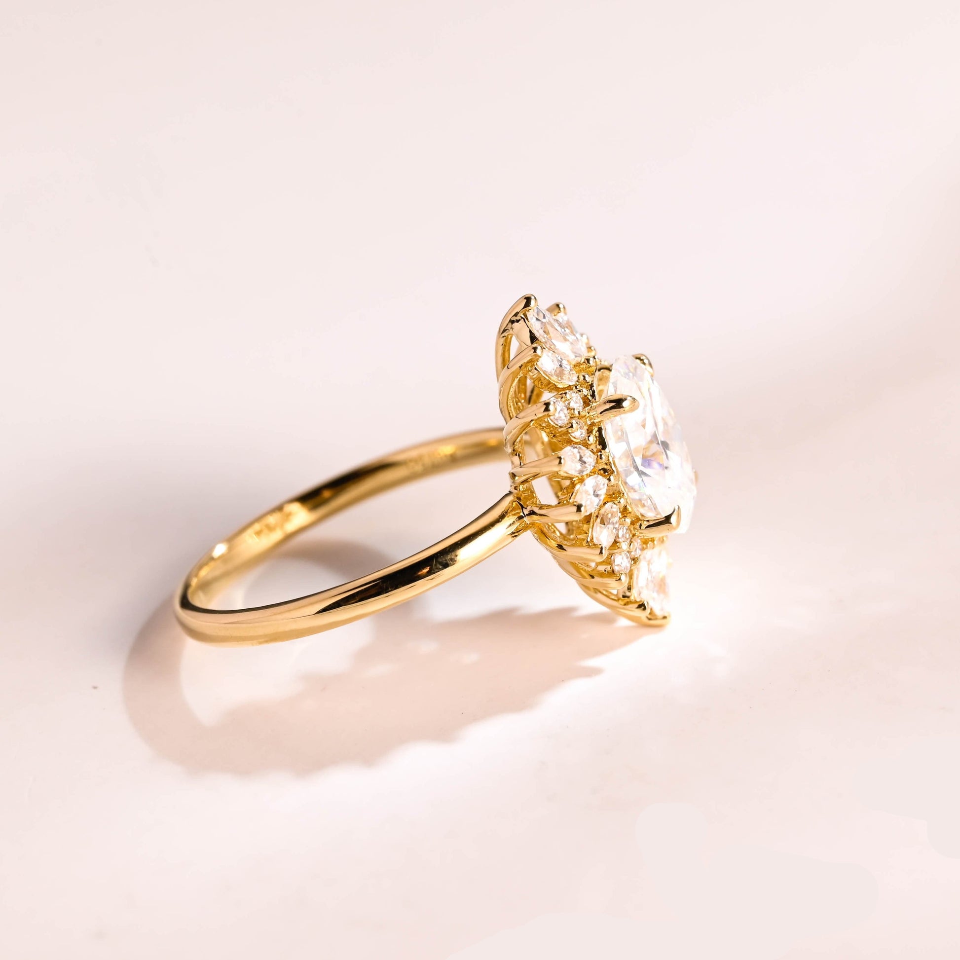 SquareJewelry oval cut moissanite engagement ring Solid Gold Starburst Halo Oval Moissanite Engagement Ring