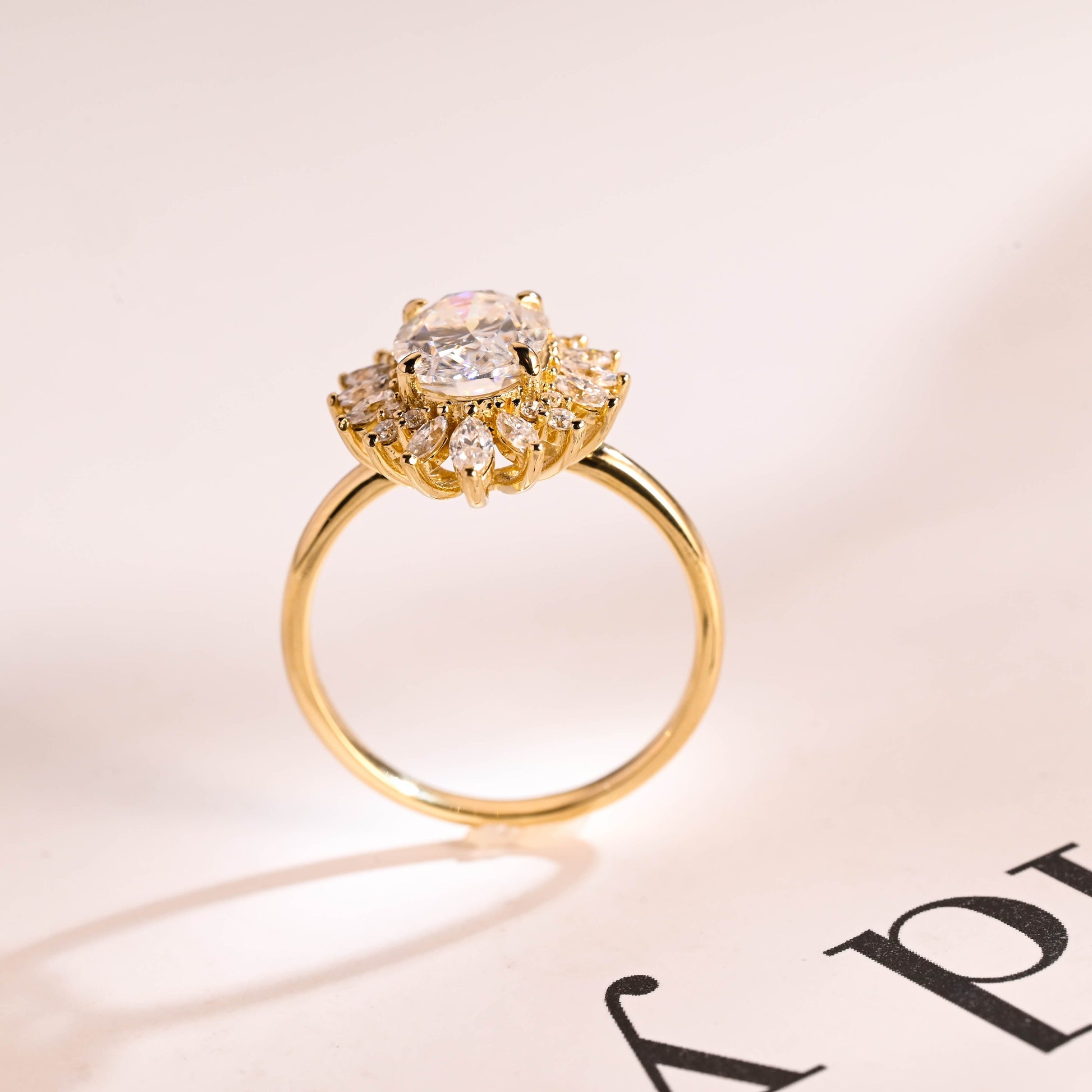 SquareJewelry oval cut moissanite engagement ring Solid Gold Starburst Halo Oval Moissanite Engagement Ring