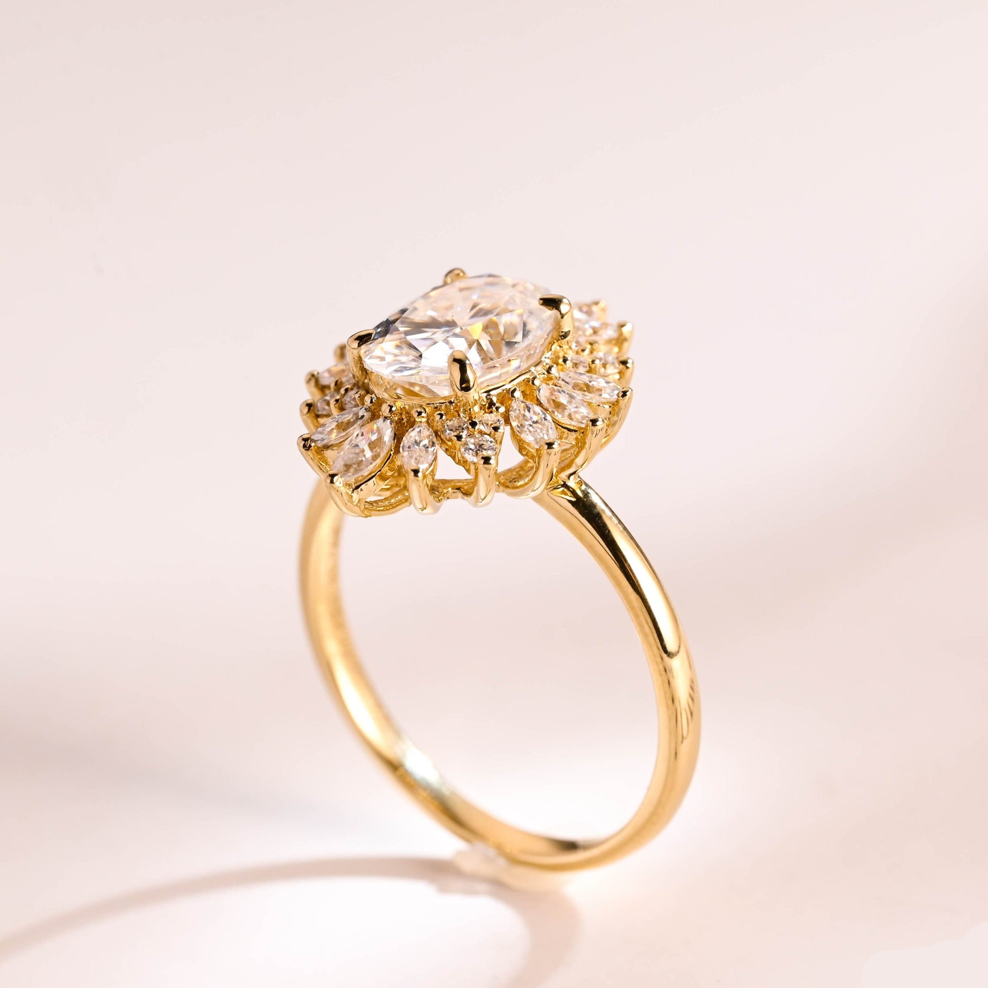 SquareJewelry oval cut moissanite engagement ring Solid Gold Starburst Halo Oval Moissanite Engagement Ring