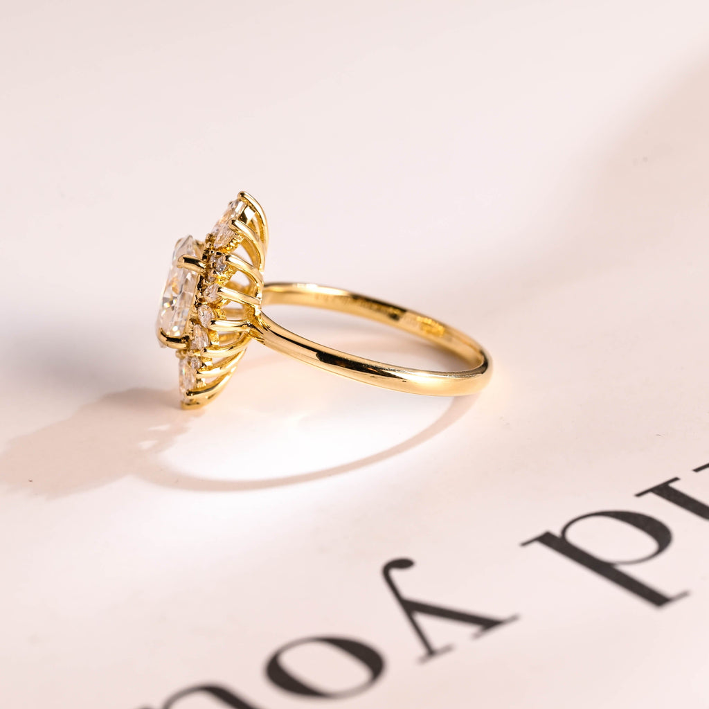 SquareJewelry oval cut moissanite engagement ring Solid Gold Starburst Halo Oval Moissanite Engagement Ring