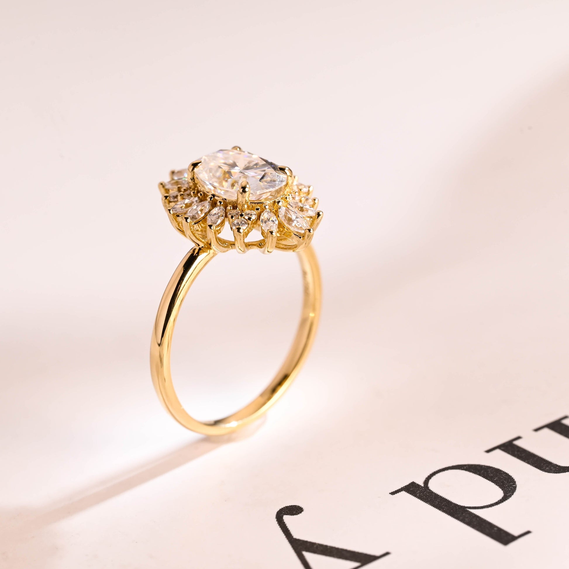 SquareJewelry oval cut moissanite engagement ring Solid Gold Starburst Halo Oval Moissanite Engagement Ring