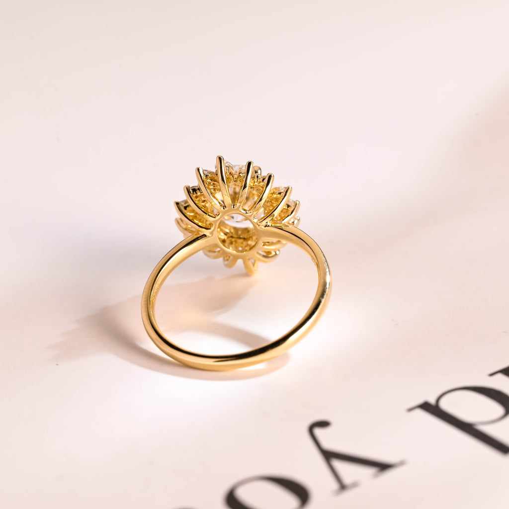 SquareJewelry oval cut moissanite engagement ring Solid Gold Starburst Halo Oval Moissanite Engagement Ring