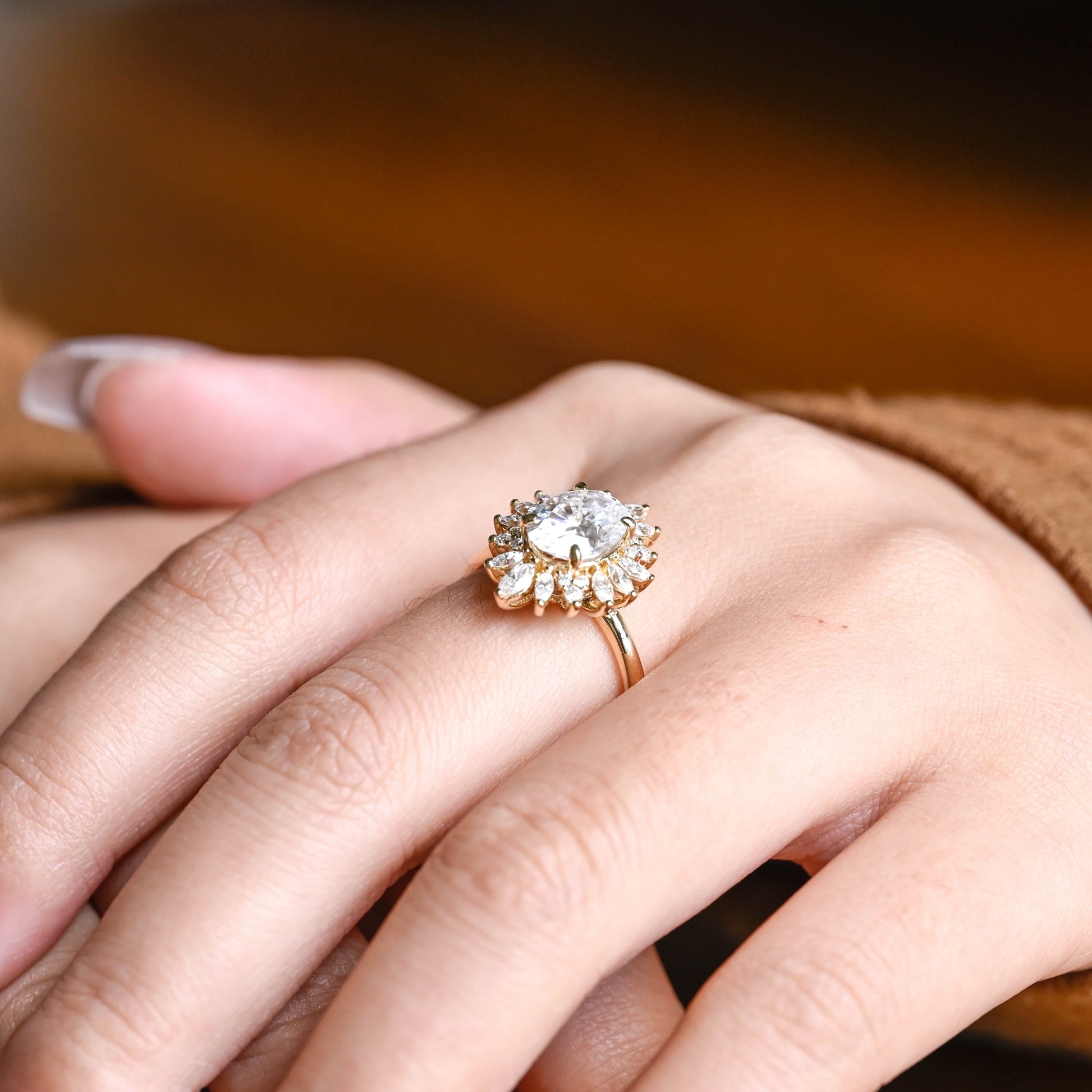SquareJewelry oval cut moissanite engagement ring Solid Gold Starburst Halo Oval Moissanite Engagement Ring