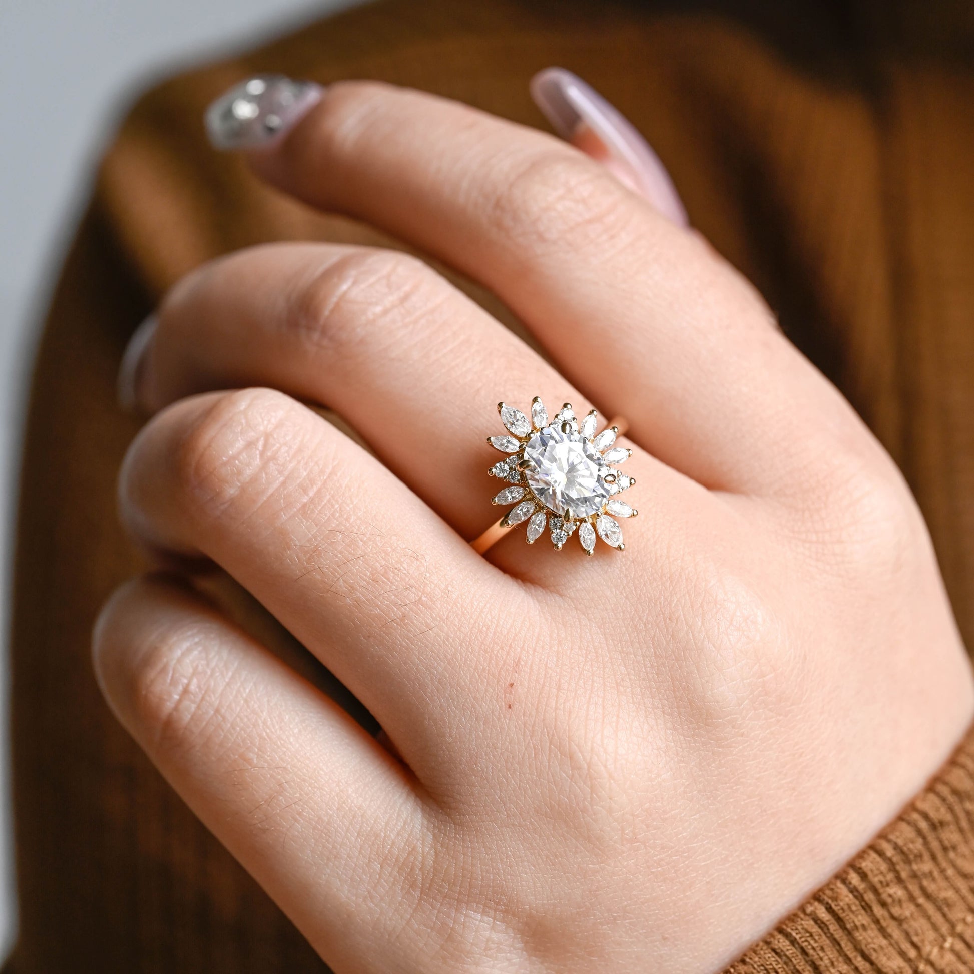 SquareJewelry oval cut moissanite engagement ring Solid Gold Starburst Halo Oval Moissanite Engagement Ring