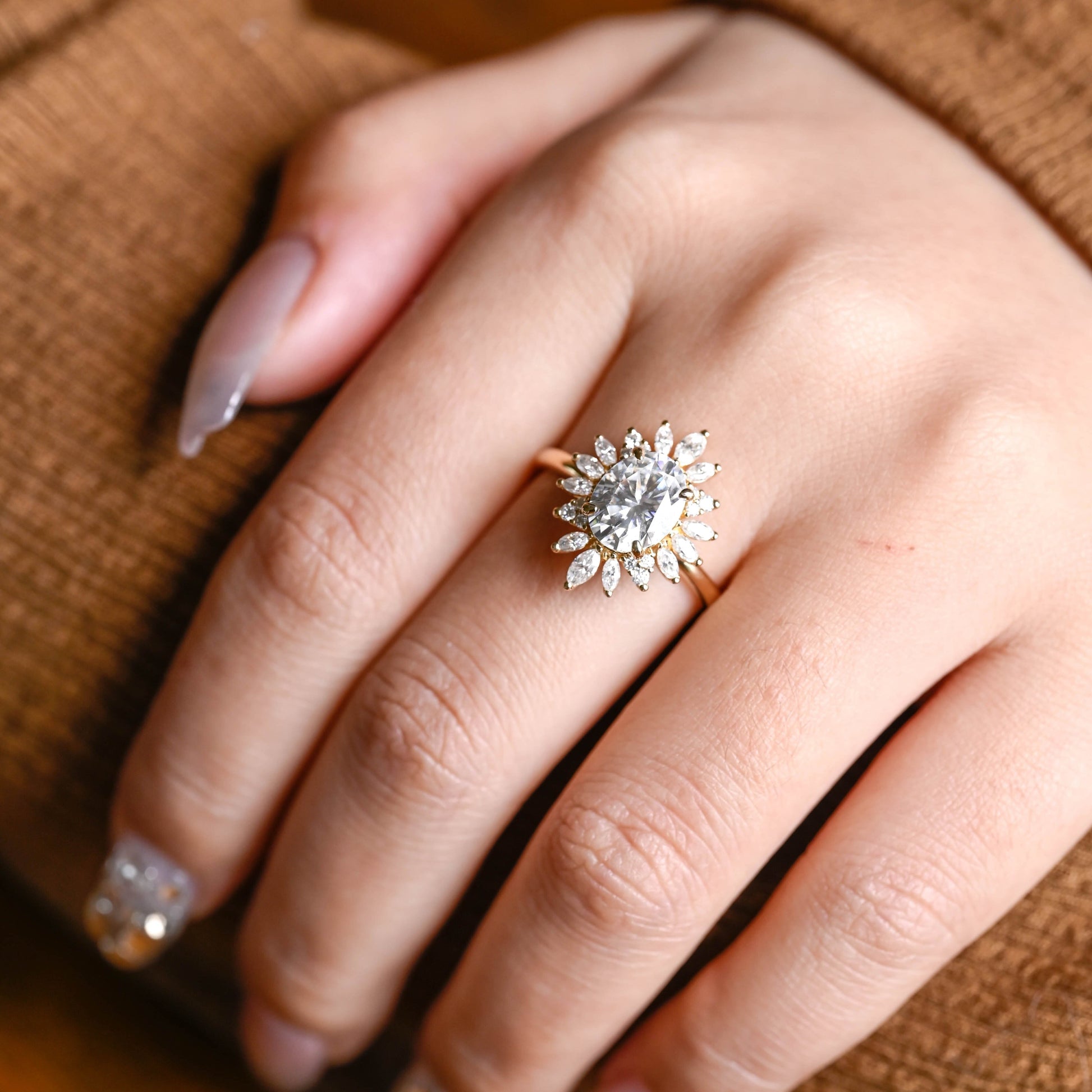 SquareJewelry oval cut moissanite engagement ring Solid Gold Starburst Halo Oval Moissanite Engagement Ring