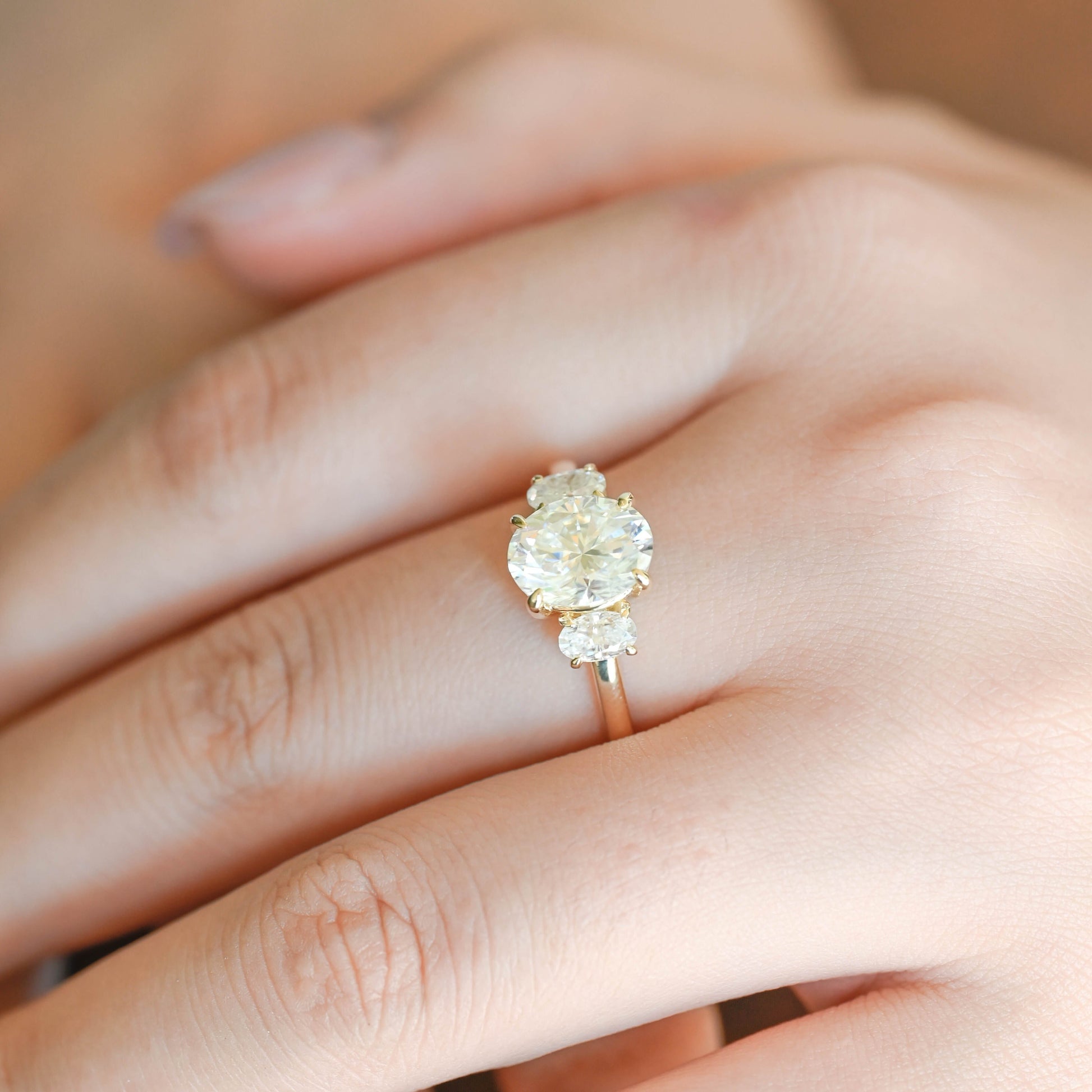 SquareJewelry oval cut moissanite engagement ring Solid Gold Three Stone Oval Cut Moissanite Engagement Ring