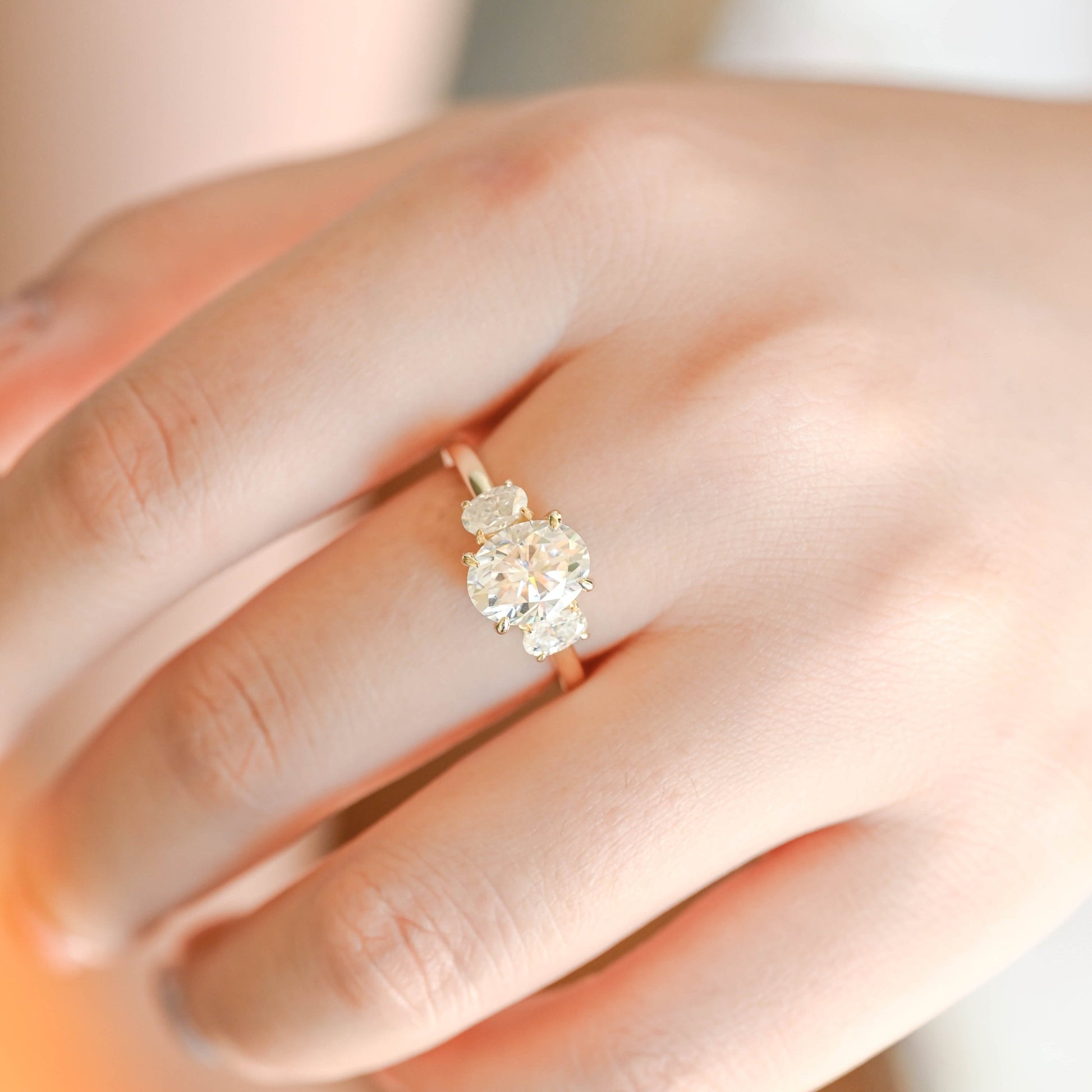 SquareJewelry oval cut moissanite engagement ring Solid Gold Three Stone Oval Cut Moissanite Engagement Ring