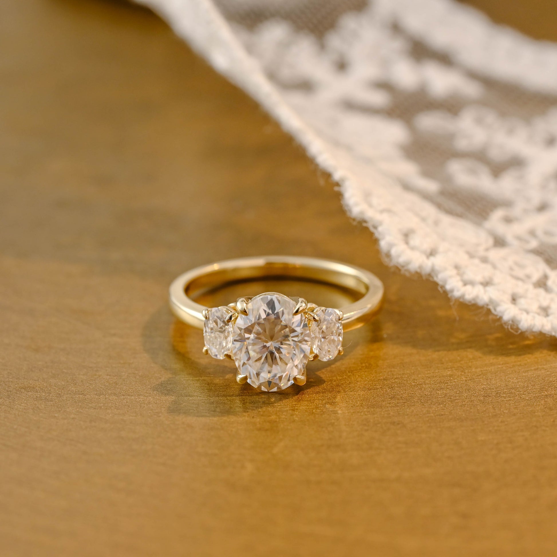 SquareJewelry oval cut moissanite engagement ring Solid Gold Three Stone Oval Cut Moissanite Engagement Ring