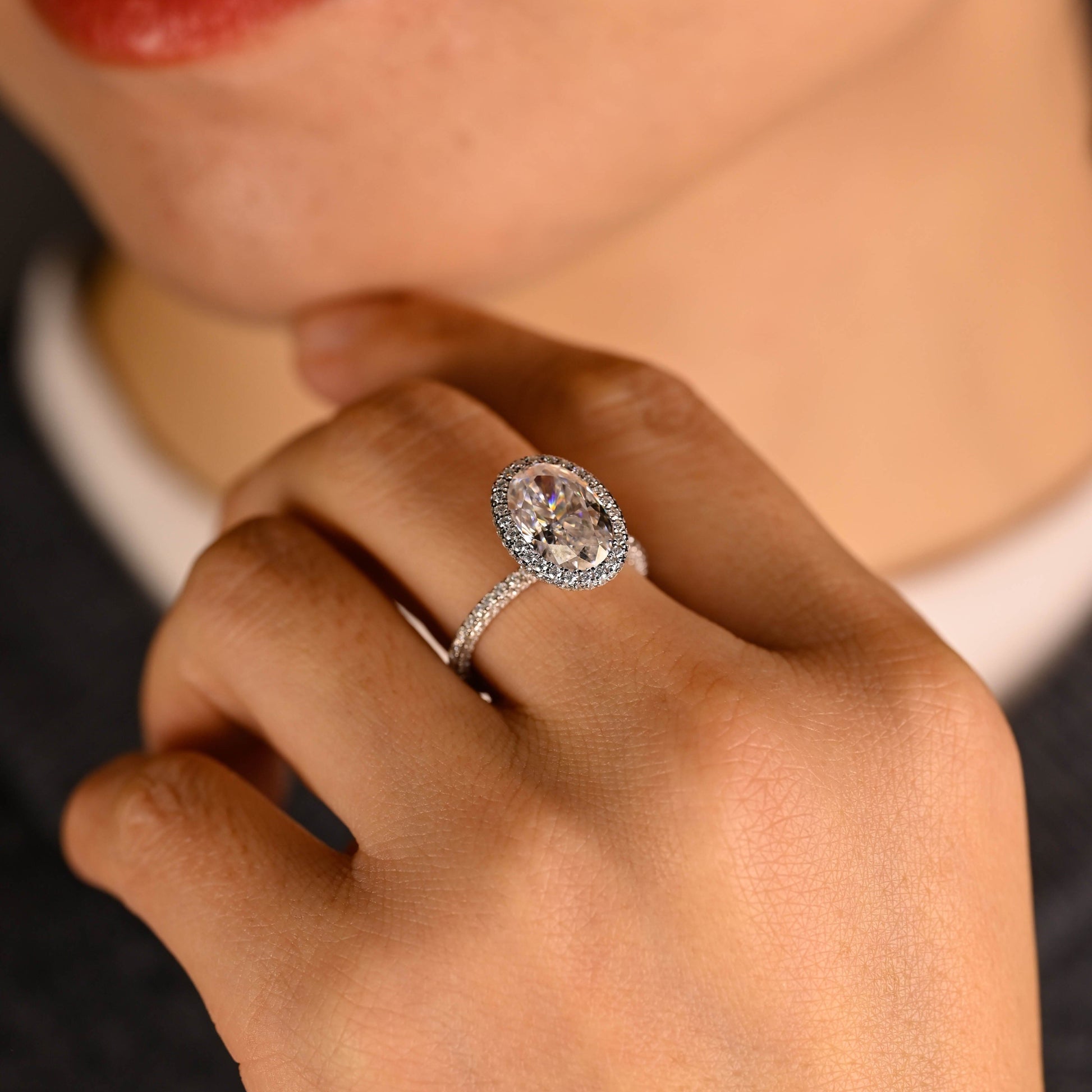 SquareJewelry oval cut moissanite engagement ring Solid Gold U-Pave on Prongs Halo Oval Cut Moissanite Engagement Ring with Three Rows Pave