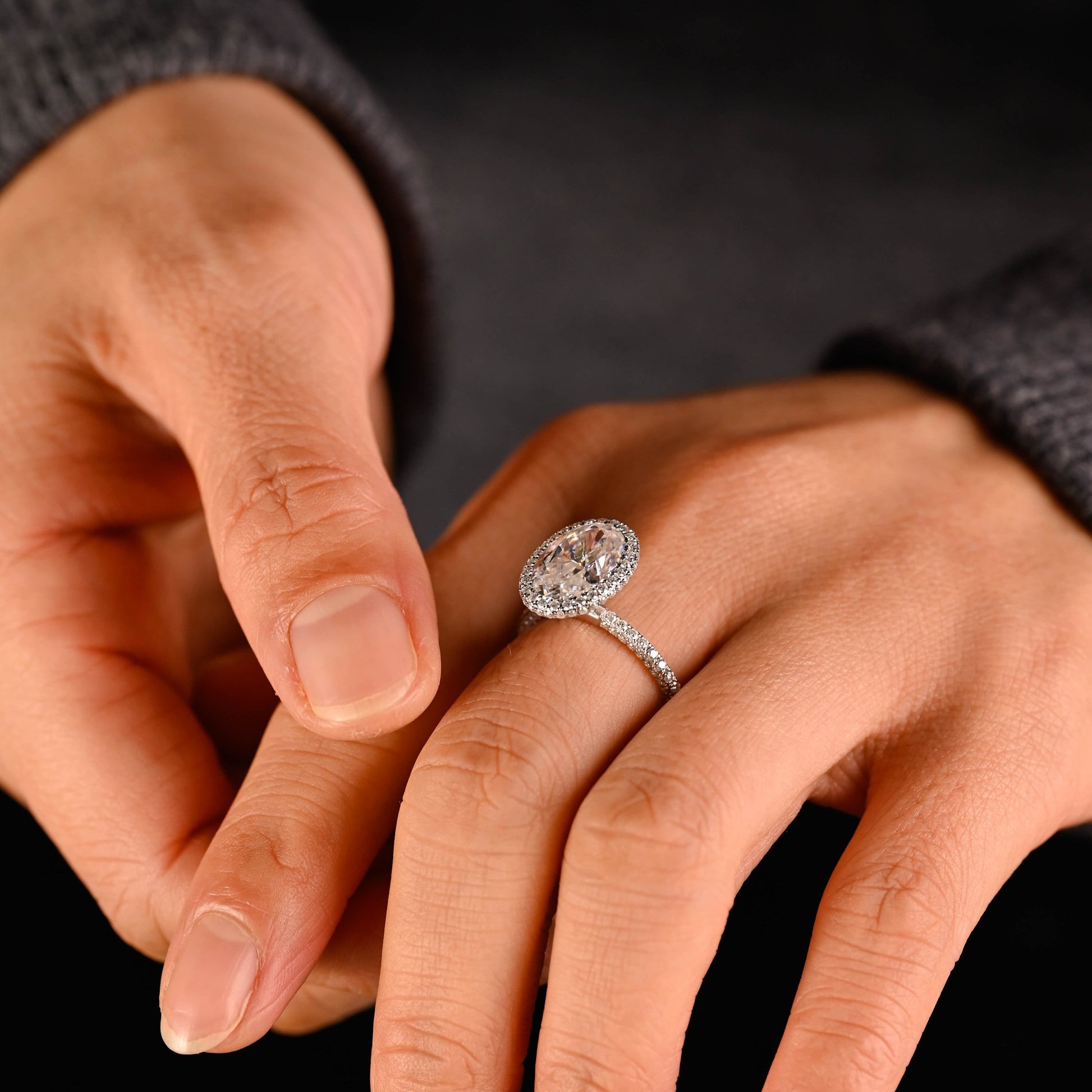 SquareJewelry oval cut moissanite engagement ring Solid Gold U-Pave on Prongs Halo Oval Cut Moissanite Engagement Ring with Three Rows Pave