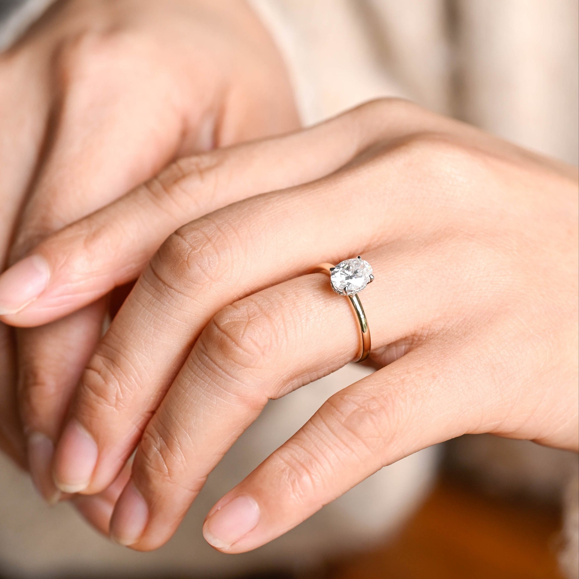 SquareJewelry oval cut moissanite engagement ring Solid Gold Under Halo Oval Moissanite Engagement Ring