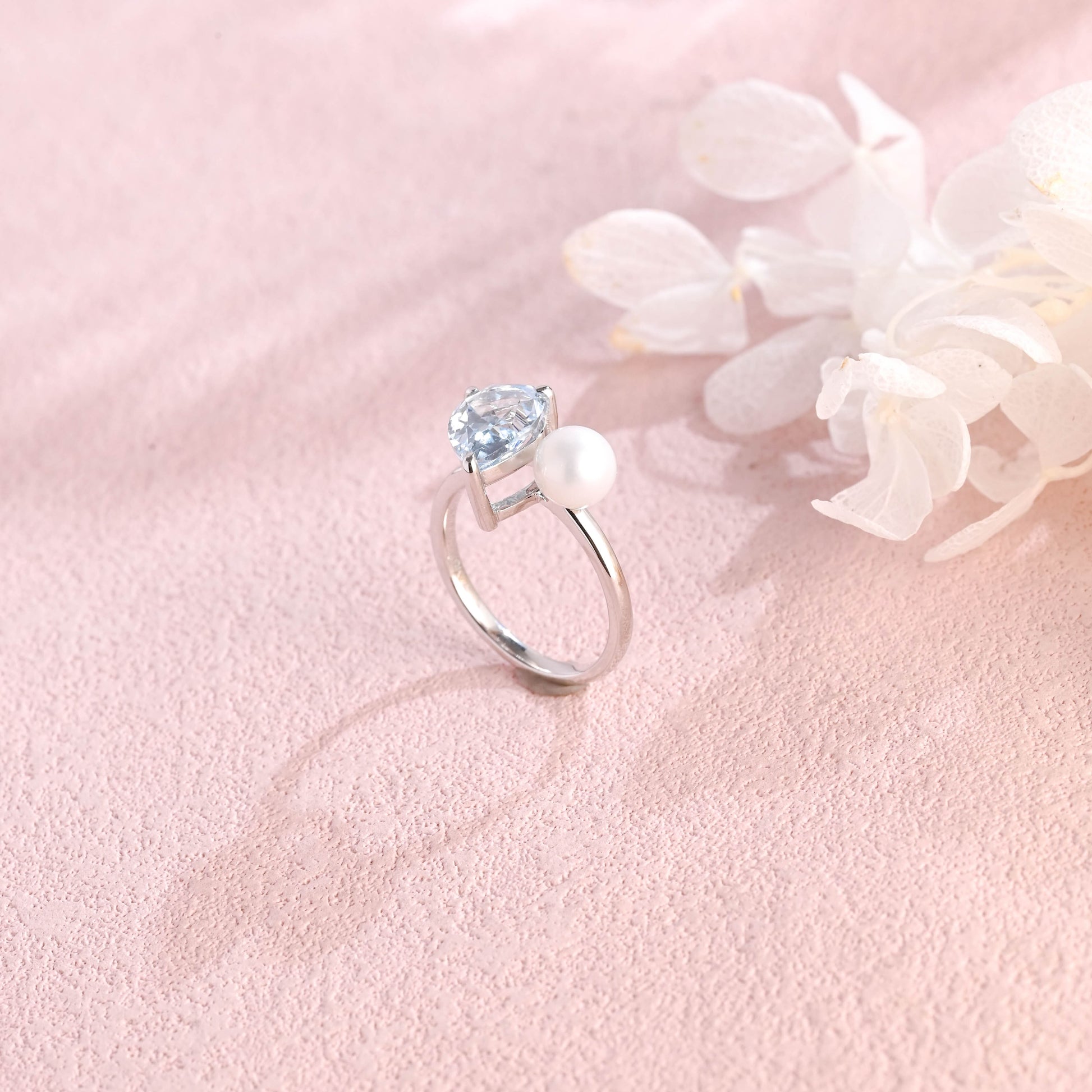 SquareJewelry pear cut aquamarine engagement ring Solid Gold Toi et Moi Lab Grown Pearl & Pear Cut Aquamarine Engagement Ring