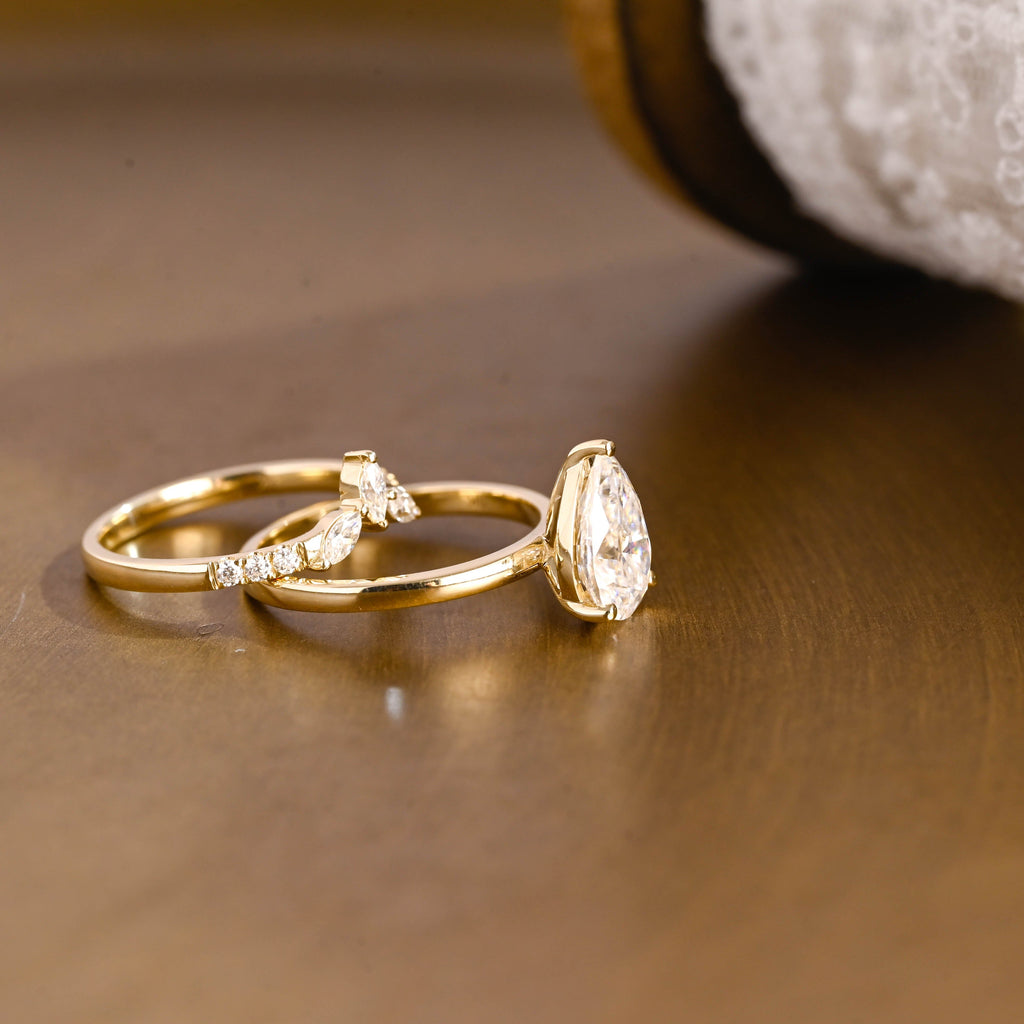 SquareJewelry pear cut bridal set Solid Gold Pear Cut Solitaire Moissainte Wedding Ring Set