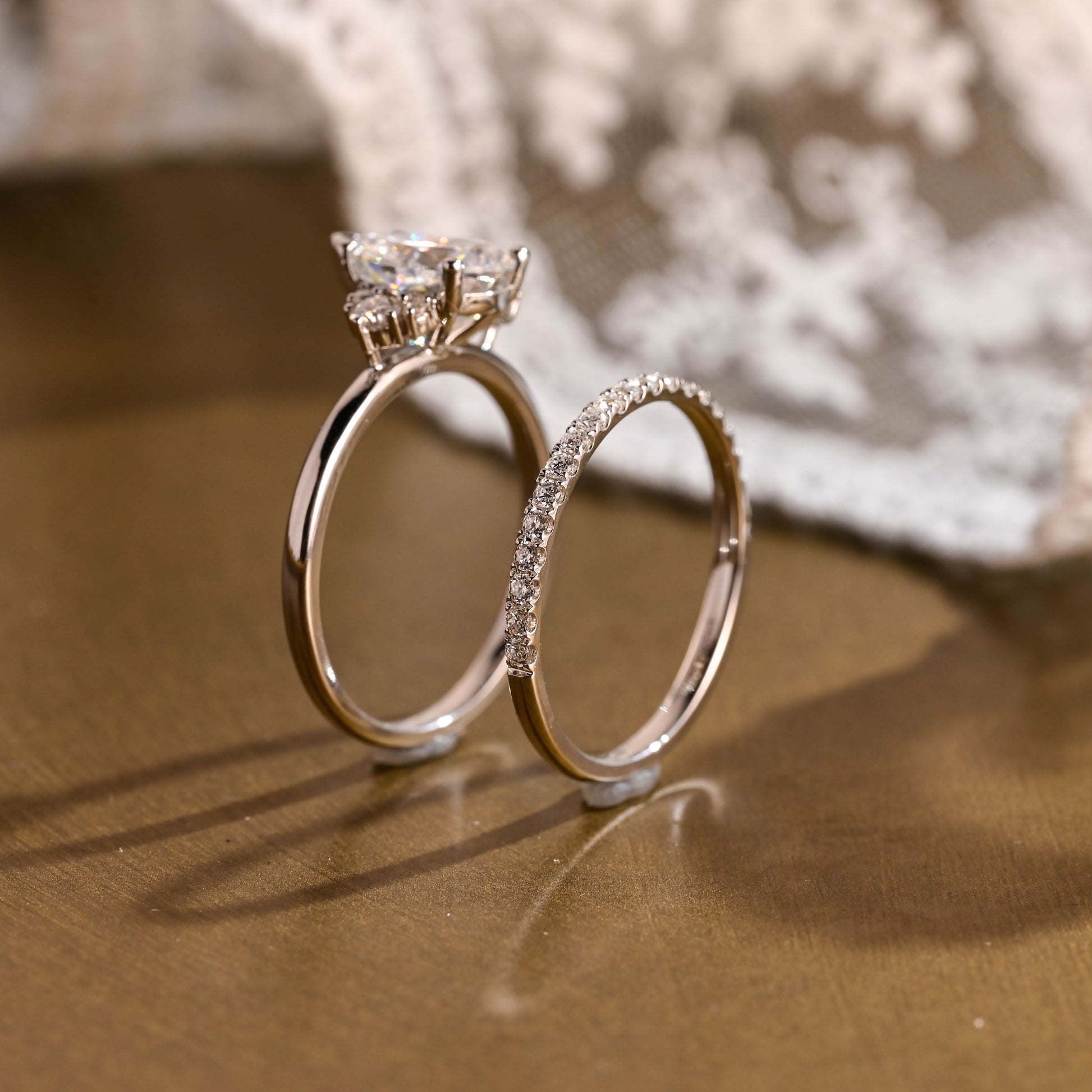 SquareJewelry pear cut bridal set Solid Gold Side Cluster Pear Cut Solitaire Moissainte Wedding Ring Set