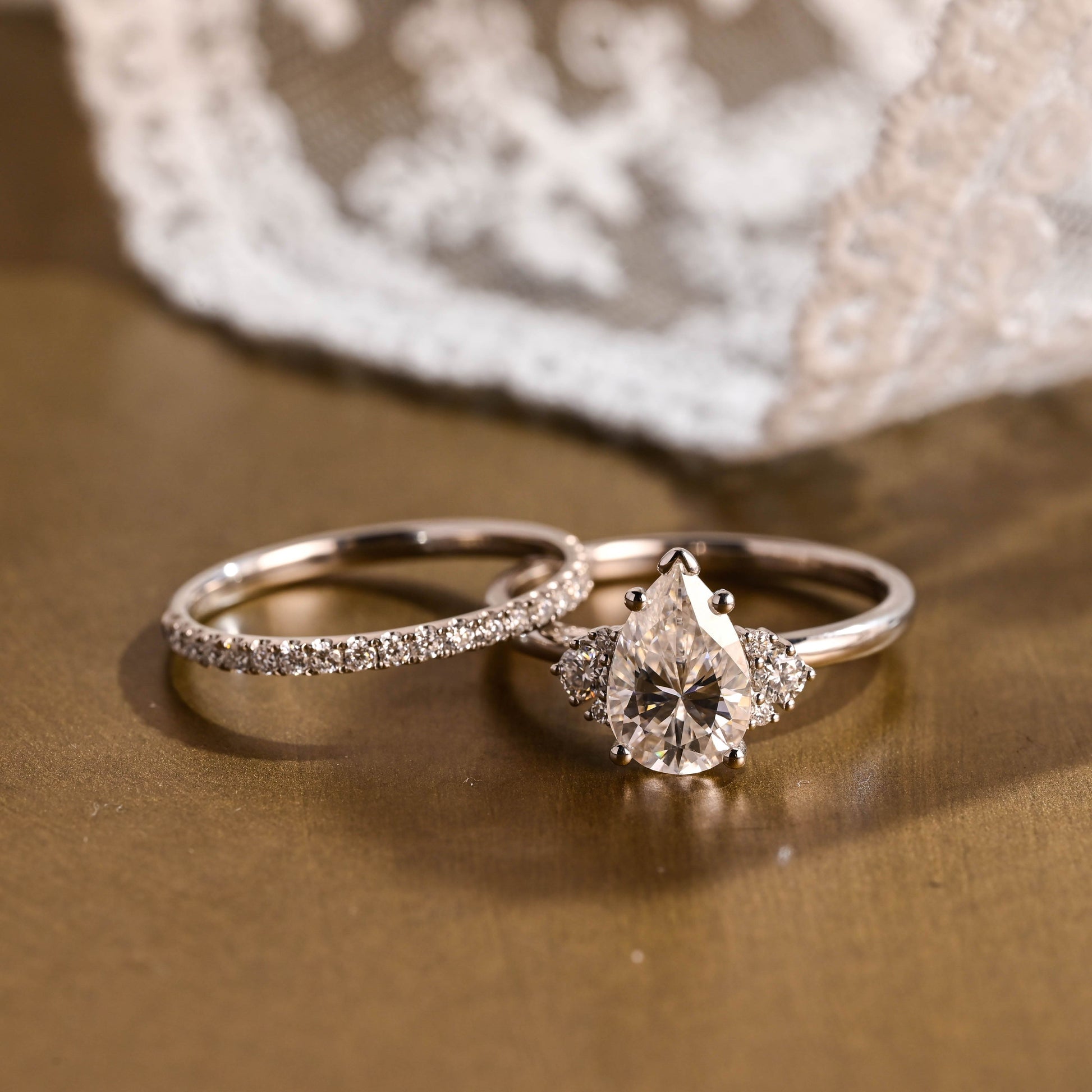 SquareJewelry pear cut bridal set Solid Gold Side Cluster Pear Cut Solitaire Moissainte Wedding Ring Set