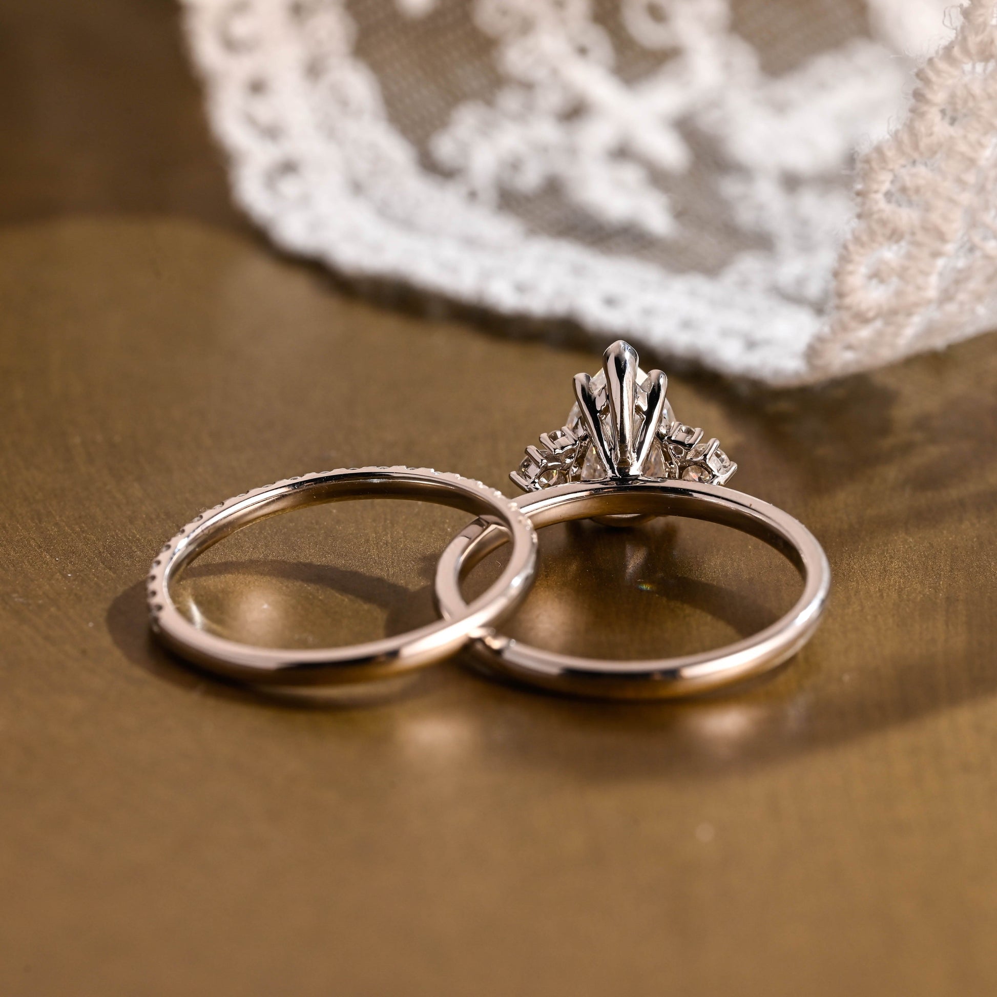 SquareJewelry pear cut bridal set Solid Gold Side Cluster Pear Cut Solitaire Moissainte Wedding Ring Set