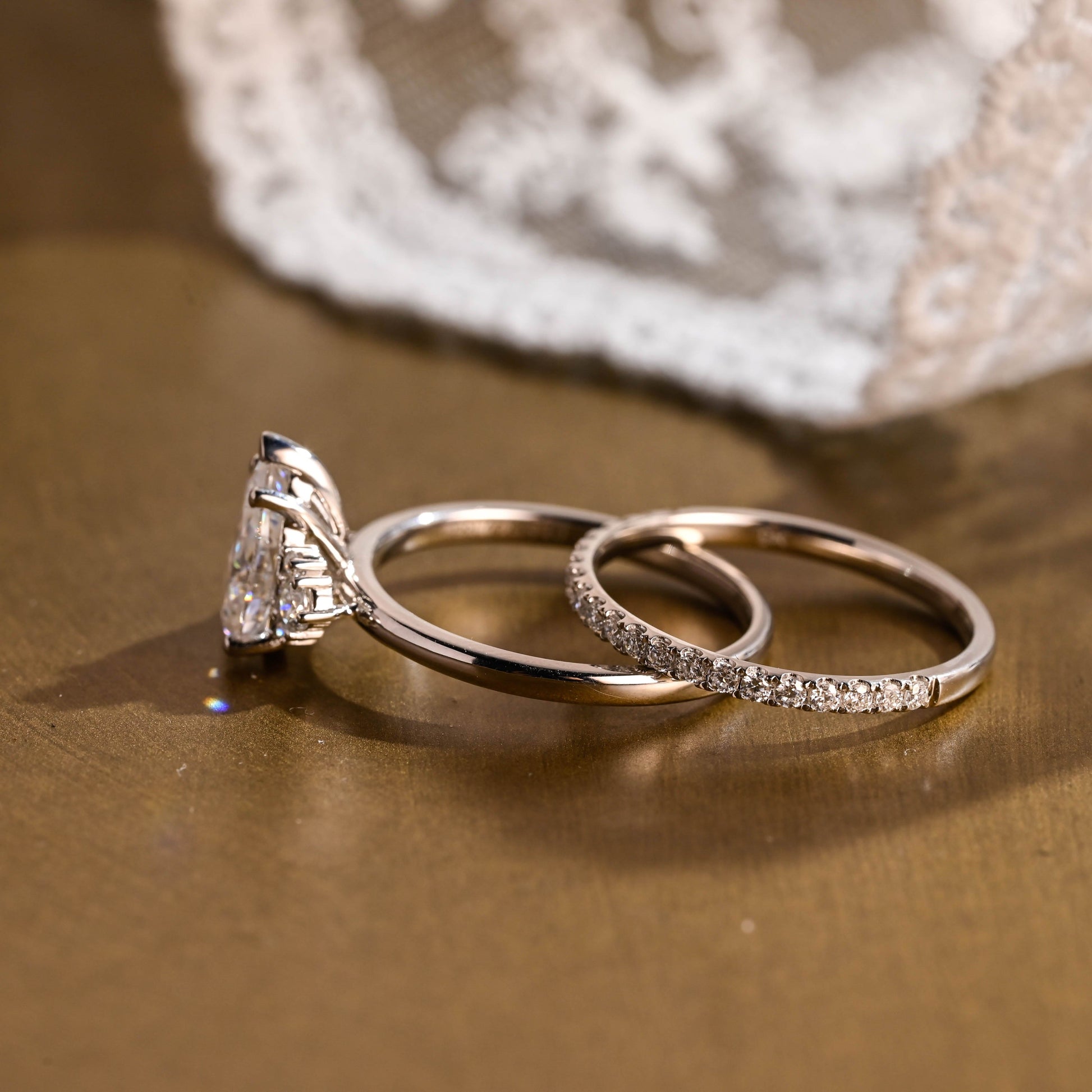 SquareJewelry pear cut bridal set Solid Gold Side Cluster Pear Cut Solitaire Moissainte Wedding Ring Set