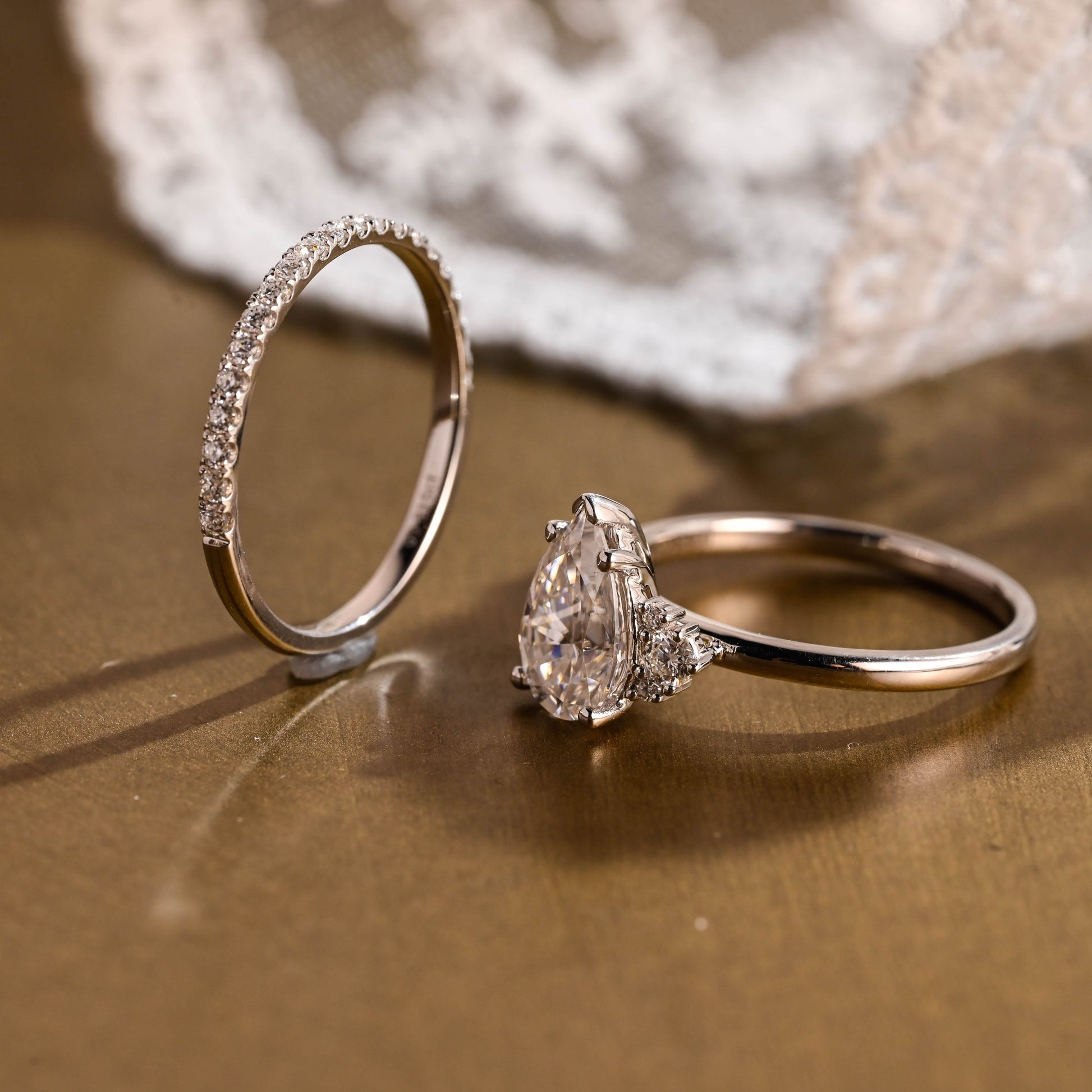 SquareJewelry pear cut bridal set Solid Gold Side Cluster Pear Cut Solitaire Moissainte Wedding Ring Set