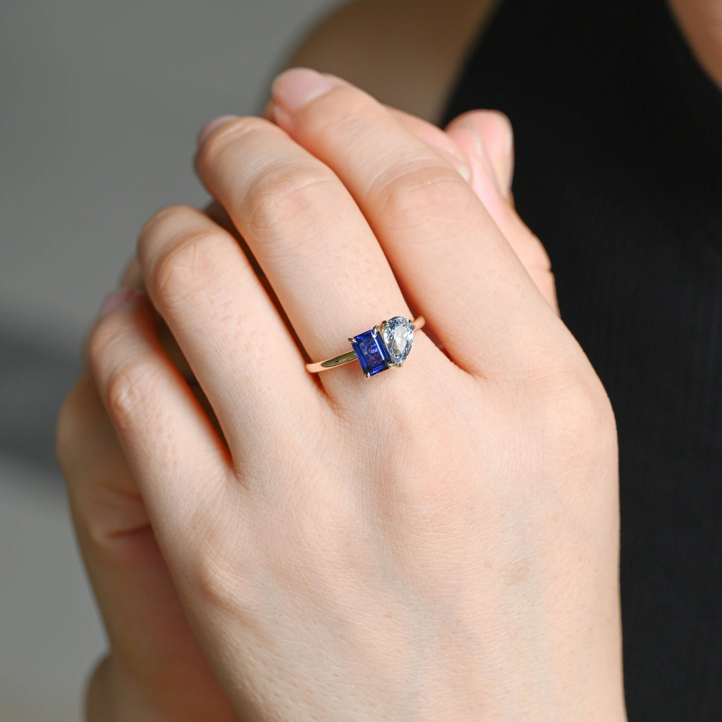 SquareJewelry pear cut lab grown ruby engagement ring Toi et Moi Ring, Solid Gold Emerald Cut Lab Grown Blue Sapphire & Pear Cut Lab Grown Aquamarine Sapphire Engagement Ring