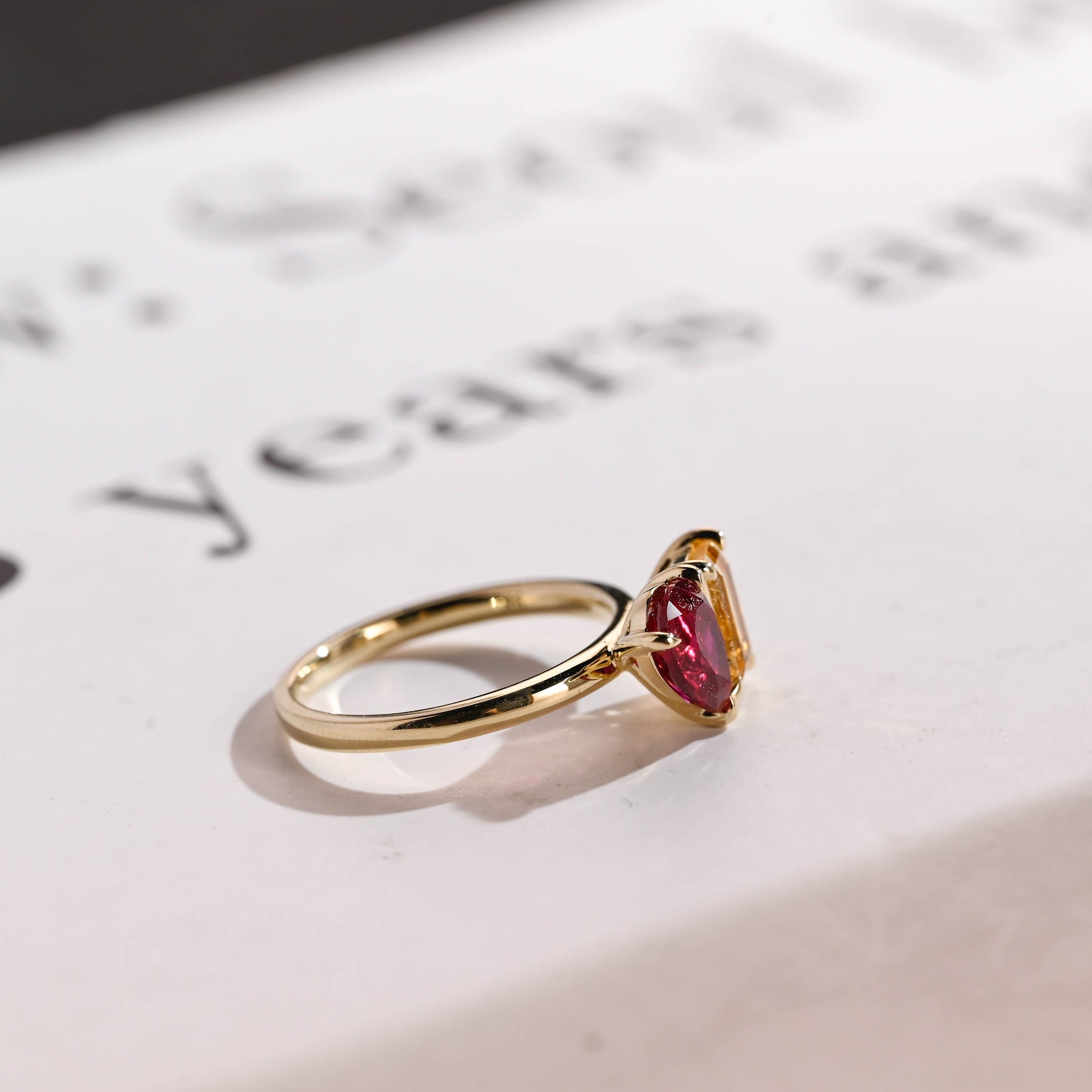 SquareJewelry pear cut lab grown ruby engagement ring Toi et Moi Solid Gold Pear Cut Lab Ruby & Emerald Cut Citrine Engagement Ring