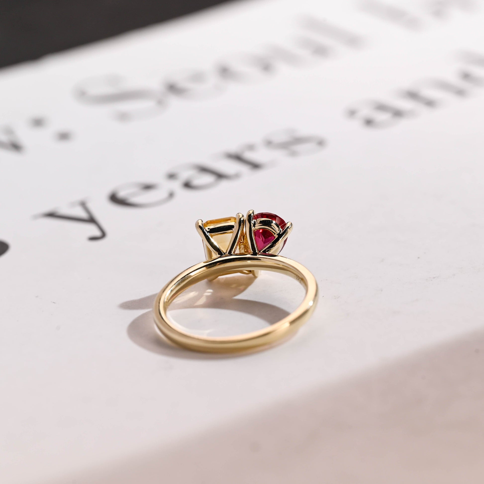 SquareJewelry pear cut lab grown ruby engagement ring Toi et Moi Solid Gold Pear Cut Lab Ruby & Emerald Cut Citrine Engagement Ring