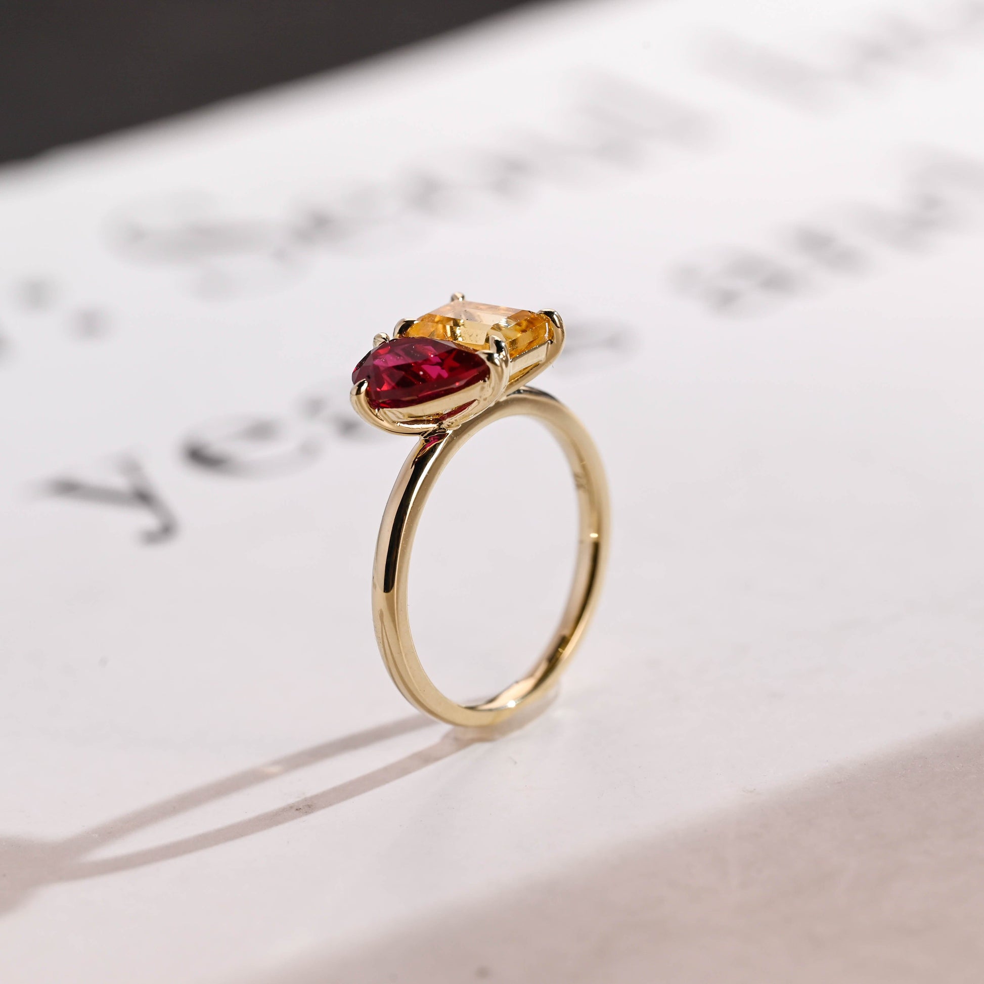 SquareJewelry pear cut lab grown ruby engagement ring Toi et Moi Solid Gold Pear Cut Lab Ruby & Emerald Cut Citrine Engagement Ring