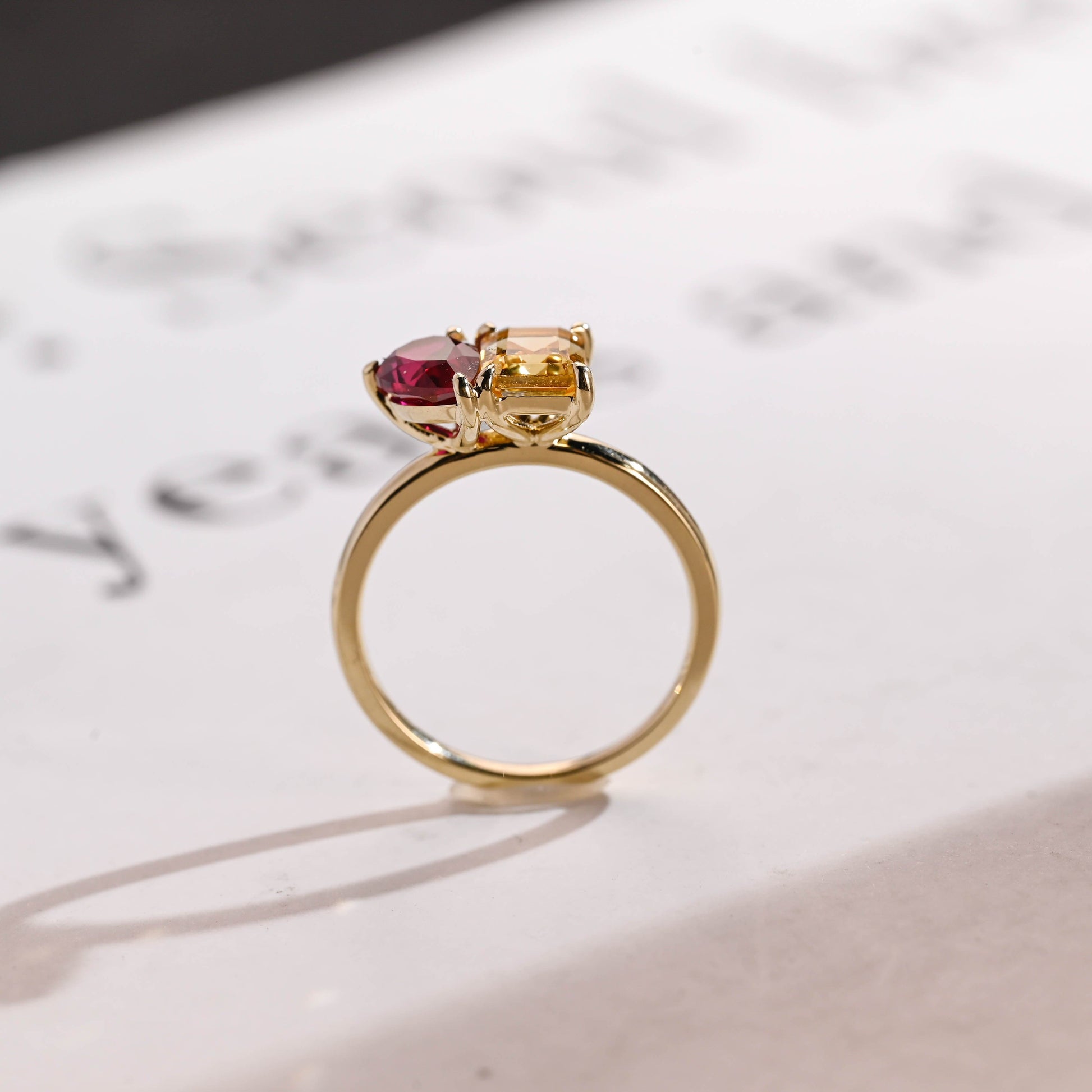 SquareJewelry pear cut lab grown ruby engagement ring Toi et Moi Solid Gold Pear Cut Lab Ruby & Emerald Cut Citrine Engagement Ring