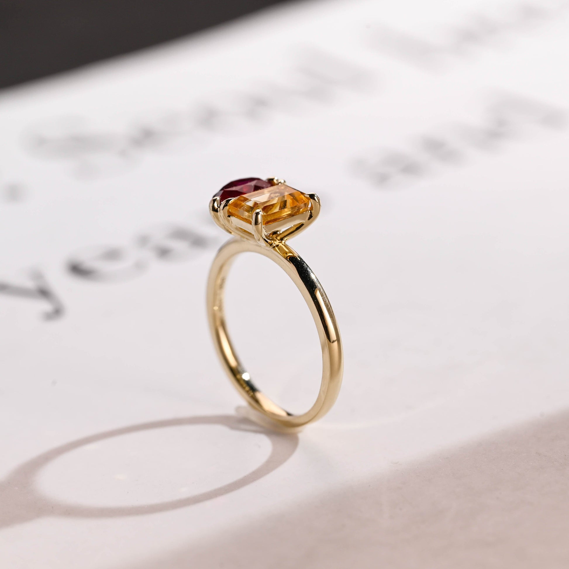SquareJewelry pear cut lab grown ruby engagement ring Toi et Moi Solid Gold Pear Cut Lab Ruby & Emerald Cut Citrine Engagement Ring