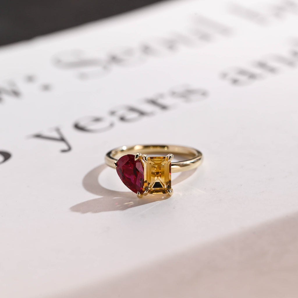 SquareJewelry pear cut lab grown ruby engagement ring Toi et Moi Solid Gold Pear Cut Lab Ruby & Emerald Cut Citrine Engagement Ring