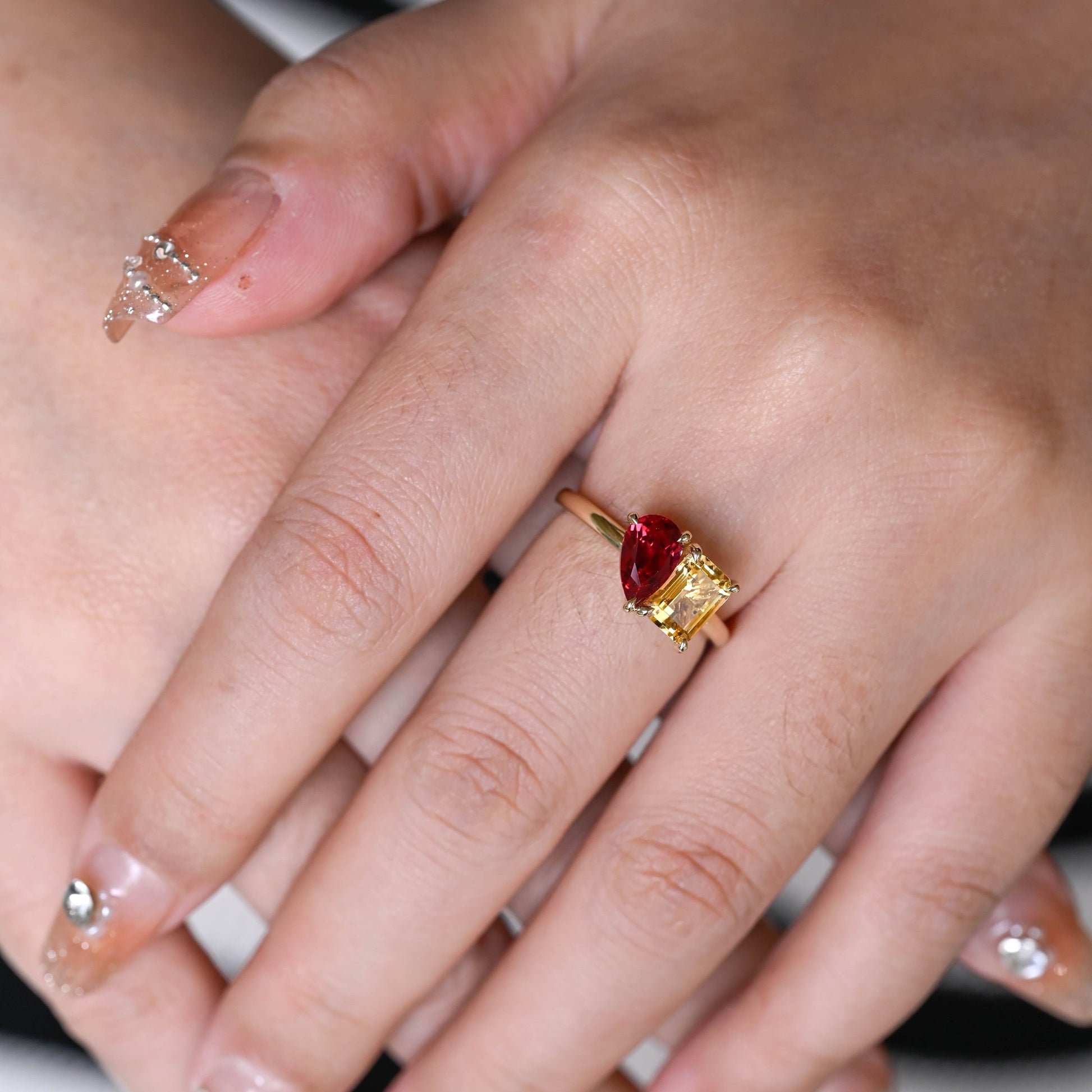 SquareJewelry pear cut lab grown ruby engagement ring Toi et Moi Solid Gold Pear Cut Lab Ruby & Emerald Cut Citrine Engagement Ring