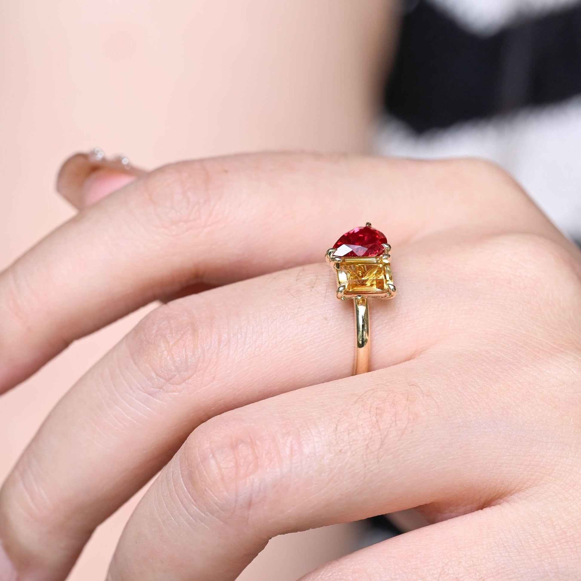 SquareJewelry pear cut lab grown ruby engagement ring Toi et Moi Solid Gold Pear Cut Lab Ruby & Emerald Cut Citrine Engagement Ring